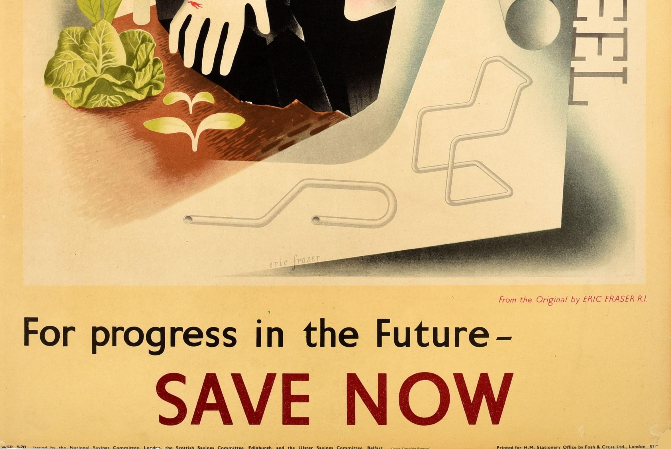 Original Vintage WWII Poster Future Progress Savings Industry Modernism Design - Orange Print by Eric Fraser