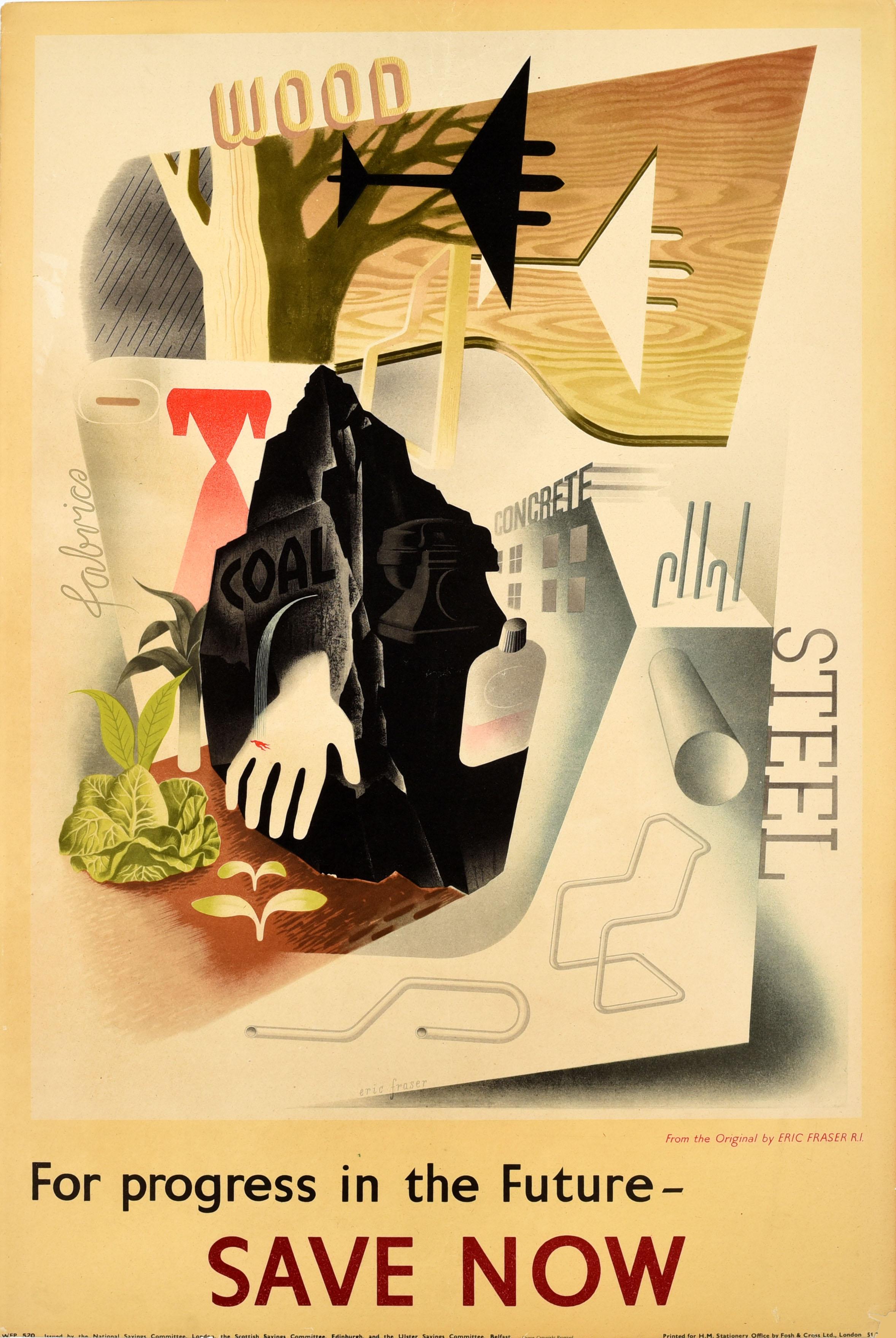 Eric Fraser Print - Original Vintage WWII Poster Future Progress Savings Industry Modernism Design