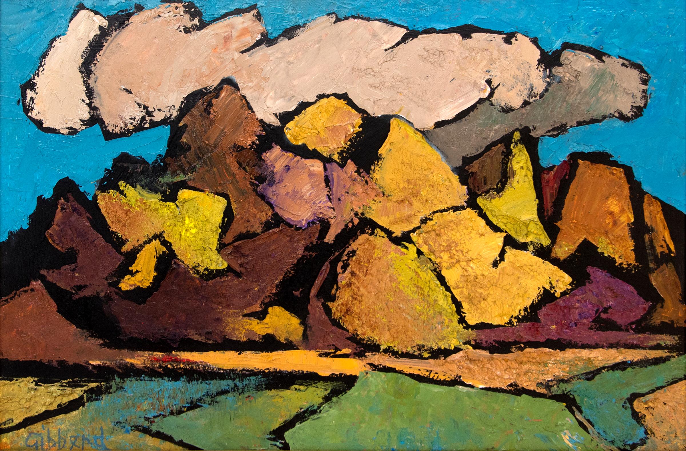 Southwestern New Mexico landscape oil painting by Eric Waters Gibberd (1897-1972). Painted in rich colors of blue, yellow, orange, and green. Presented in a custom gold frame, outer dimensions measure 21 ⅛ x 29 ¼ x 1 ⅝ inches. Image size is 15 ⅝ x