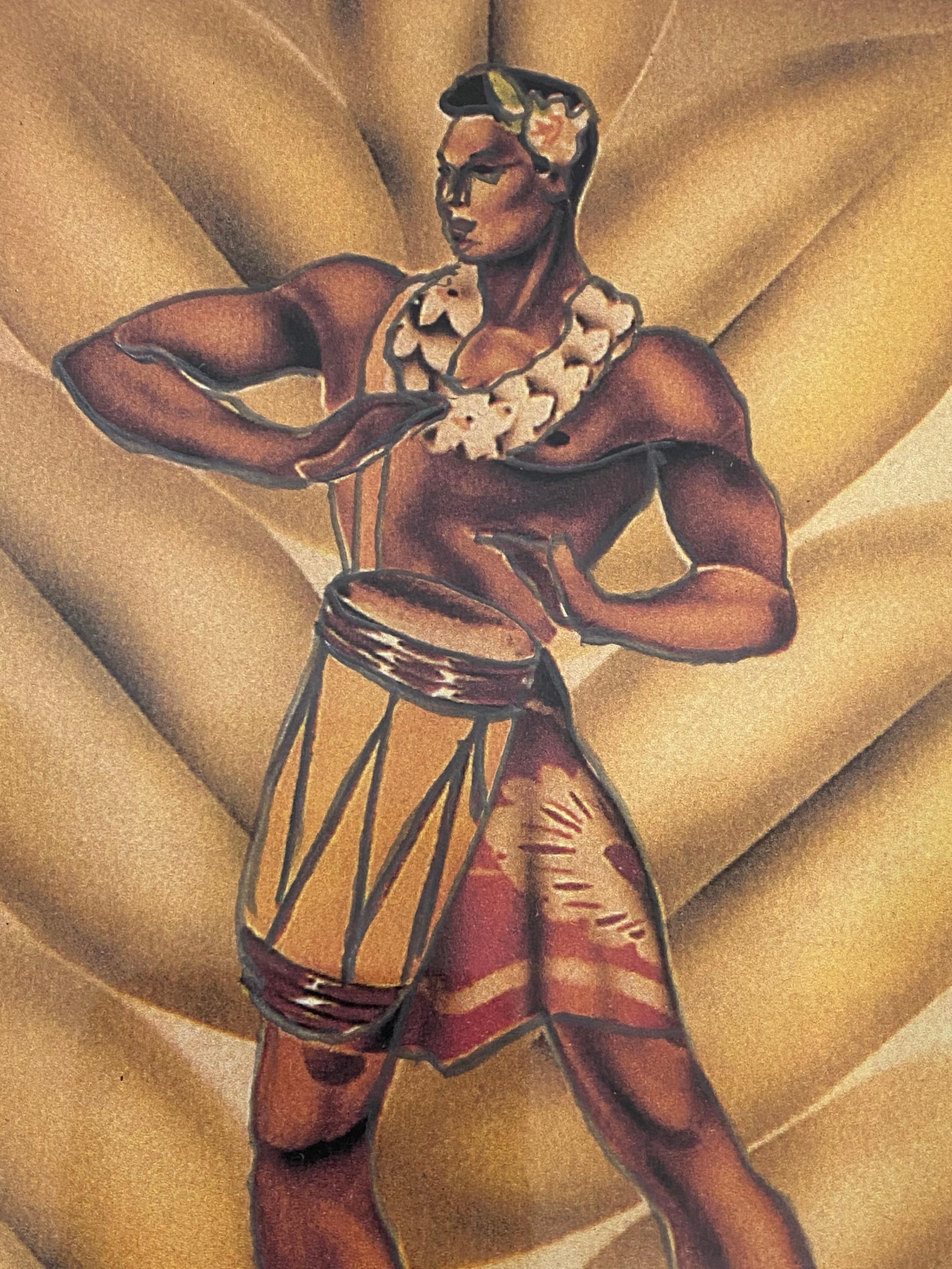 Originales Airbrush-Gemälde von Eric Gill, „Hawaiian Drummer“, ca. 1930er Jahre im Angebot 2