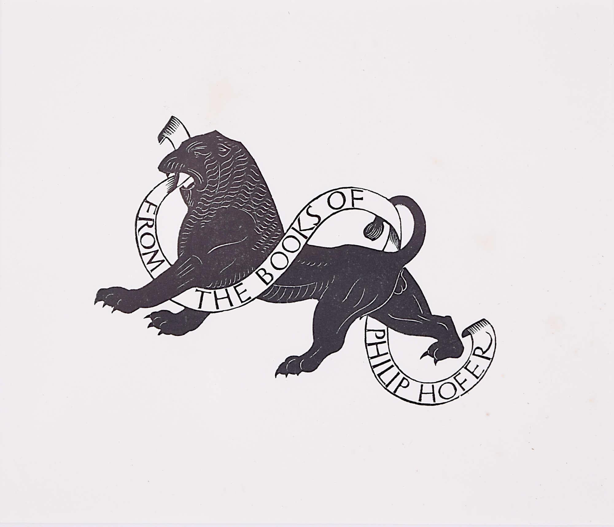 Eric Gill 1934 Woodblock Print 'From the Books of Philip Hofer' 'Ex Libris' Lion