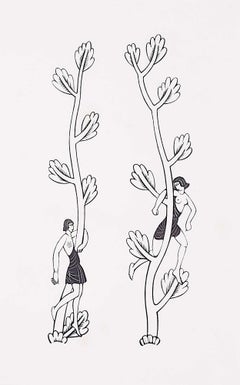 Eric Gill 1934 - Impression sur bois - The Canterbury Tales Border - Deux filles nues ii