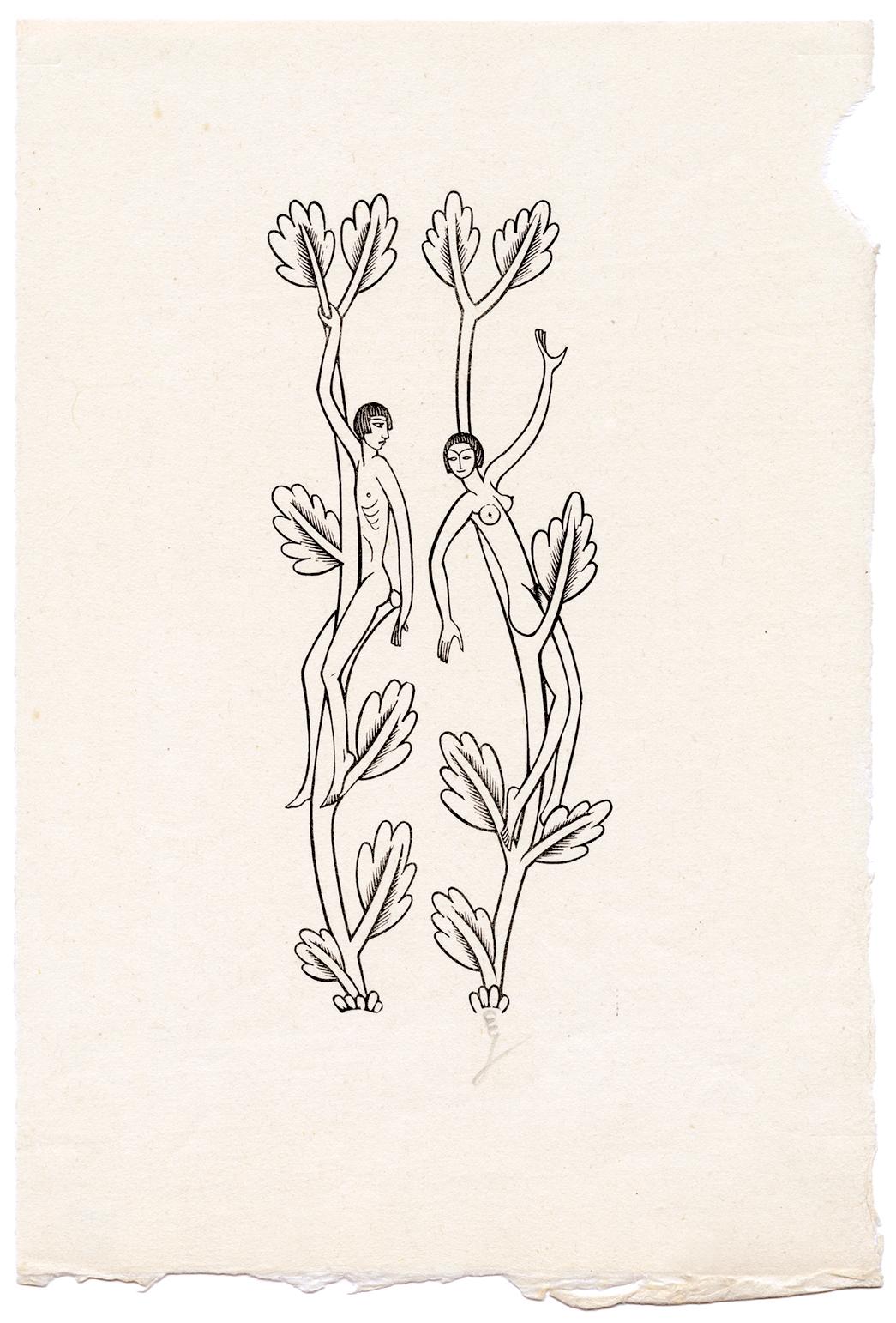 Naked Young Man Sitting On Lopped Branch; Naked Young Woman Sitting on a Branch. - Print by Eric Gill