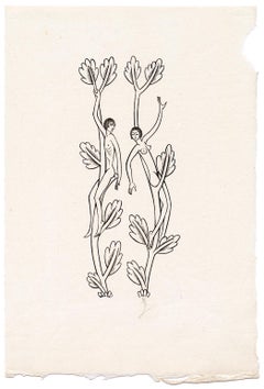 Naked Young Man Sitting On Lopped Branch; Naked Young Woman Sitting on a Branch.