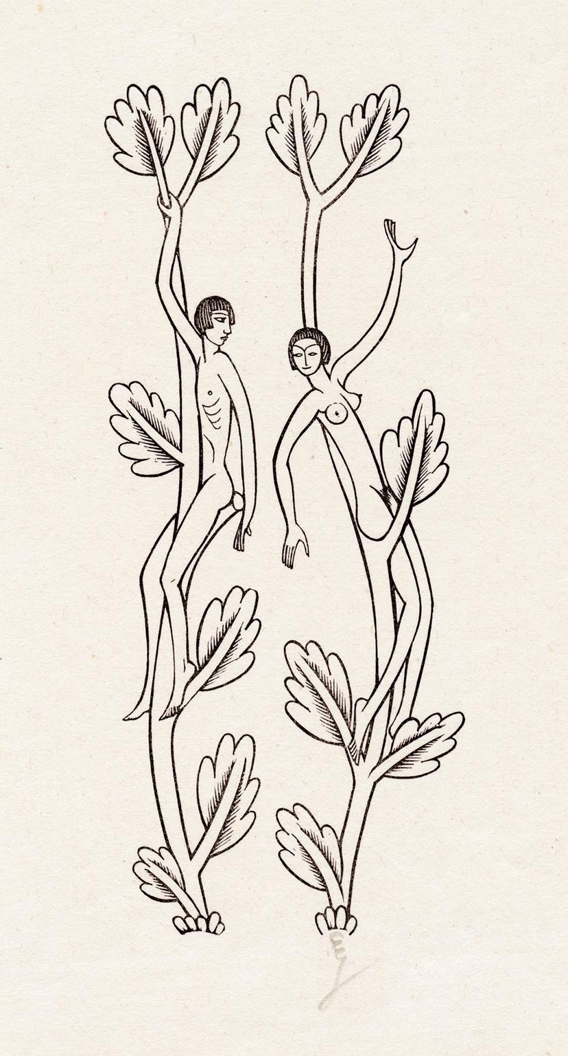 Eric Gill Figurative Print – Nackter junger Mann auf abgeknicktem Branch; nackte junge Frau auf einem Branch sitzend.