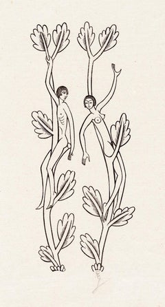 Jeune homme nu assis sur une branche coupée ; jeune femme nue assise sur une branche.