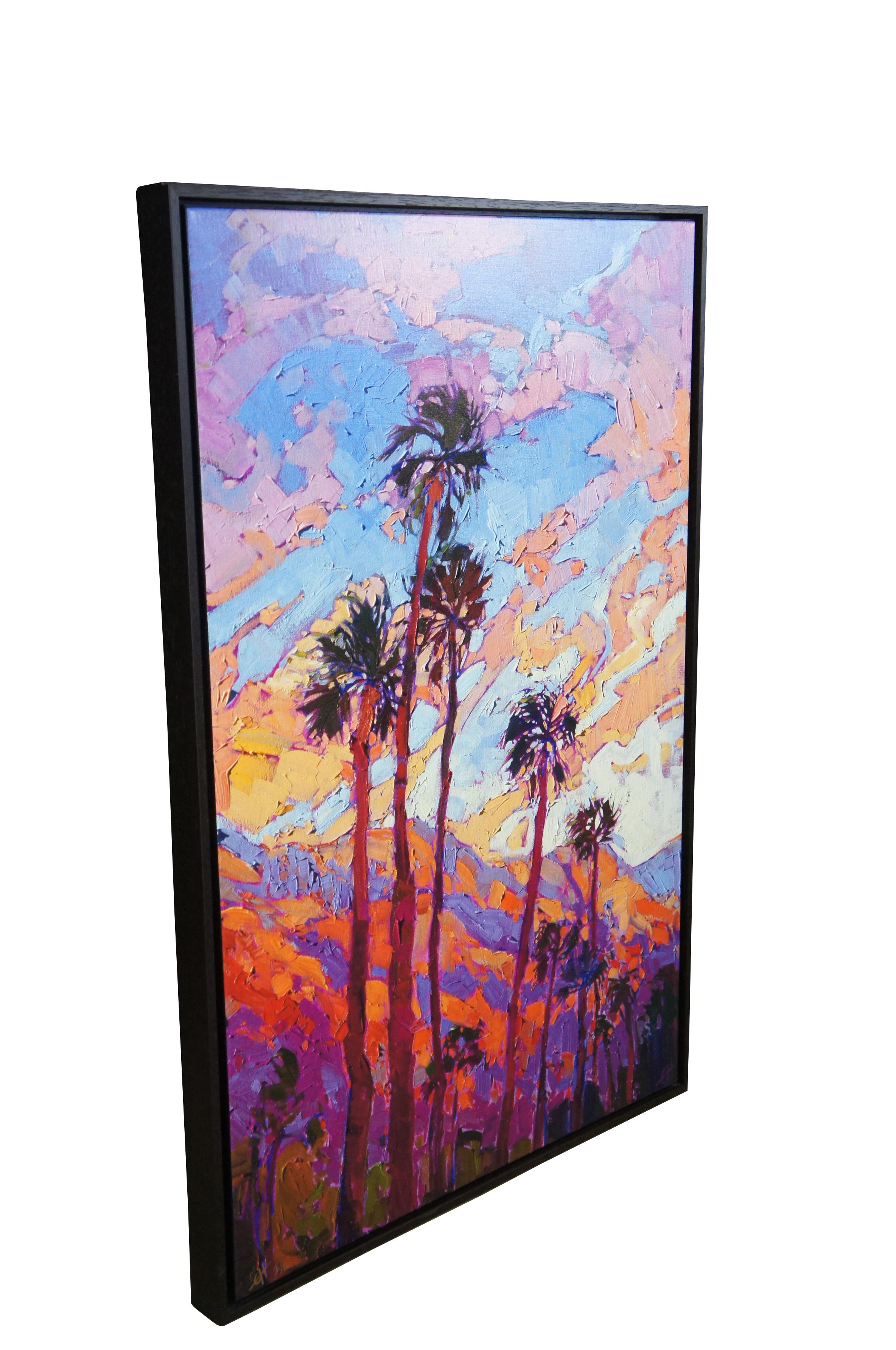 A celebration of color, this painting of Palm Springs captures the brilliant sunsets only seen in the dry desert air. The distant mountain range soaks in the warm rays cast by the setting sun, depicted with a loose brush stroke and an expressionist