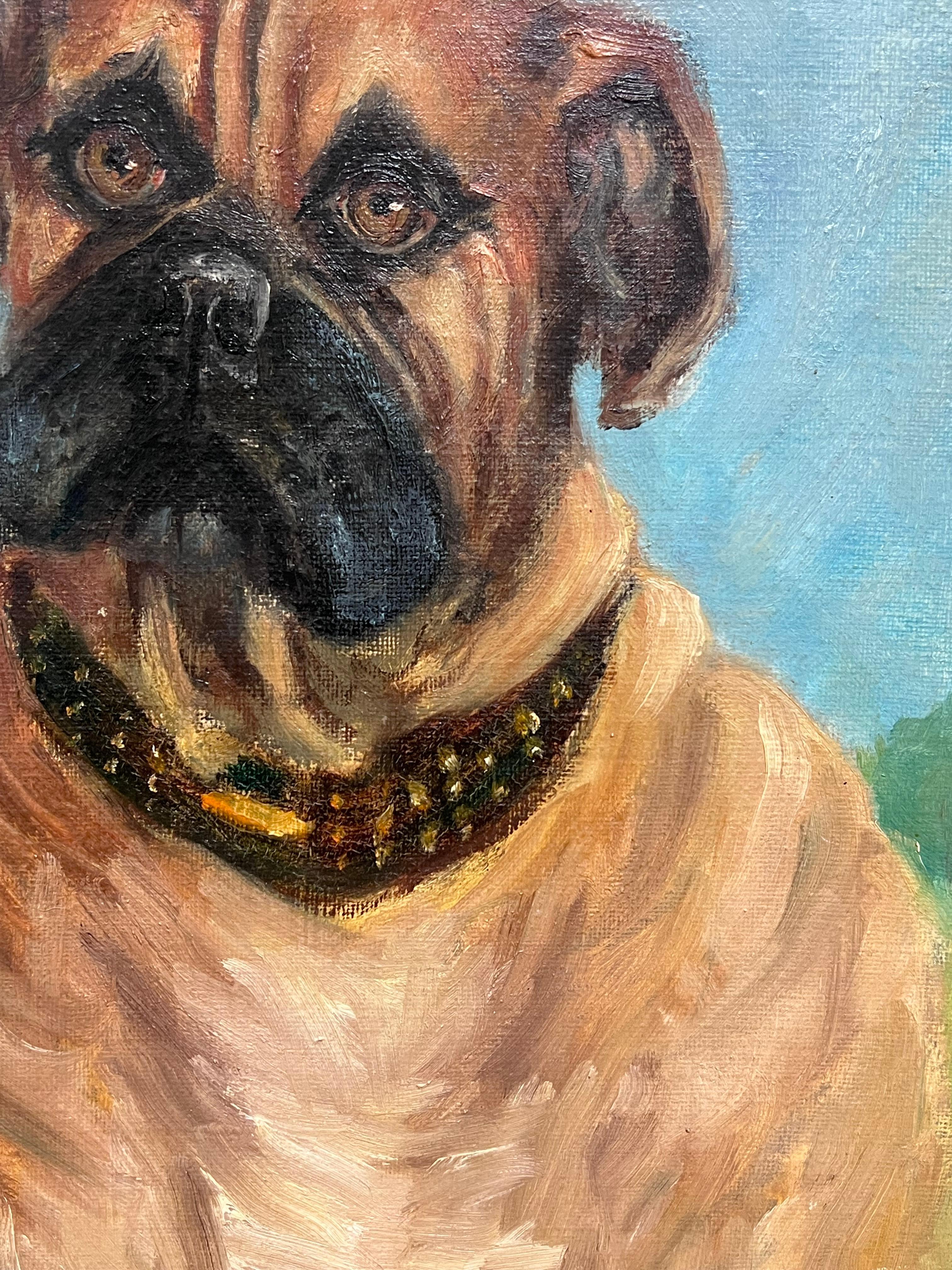 Retrato de un perro bóxer Firmado Pintura al óleo británica del siglo XX - Portrait Painting Gris de Eric Hargreaves