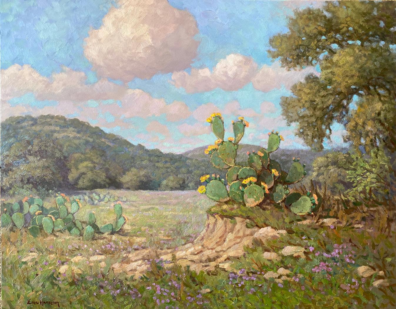 Eric Harrison Landscape Painting - "CACTUS BLOOMS WITH VERBENA" PRICKLY PEAR TEXAS HILL COUNTRY