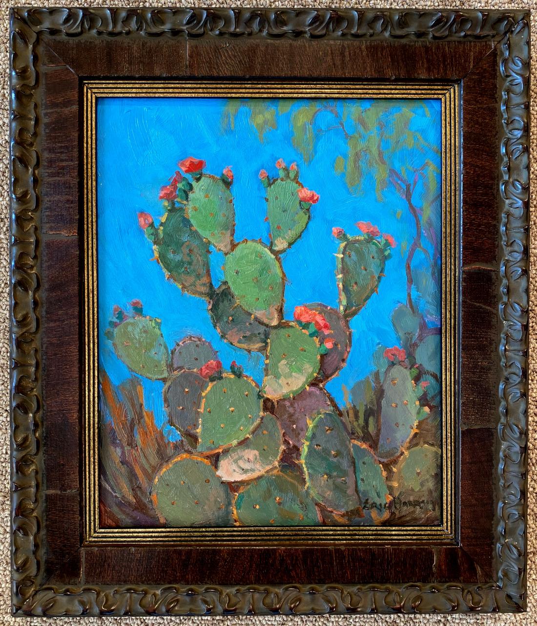Eric Harrison Landscape Painting - "CACTUS WITH CORAL RED BLOOMS" PRICKLY PEAR TEXAS HILL COUNTRY