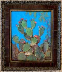 "CACTUS WITH CORAL RED BLOOMS" PRICKLY PEAR TEXAS HILL COUNTRY