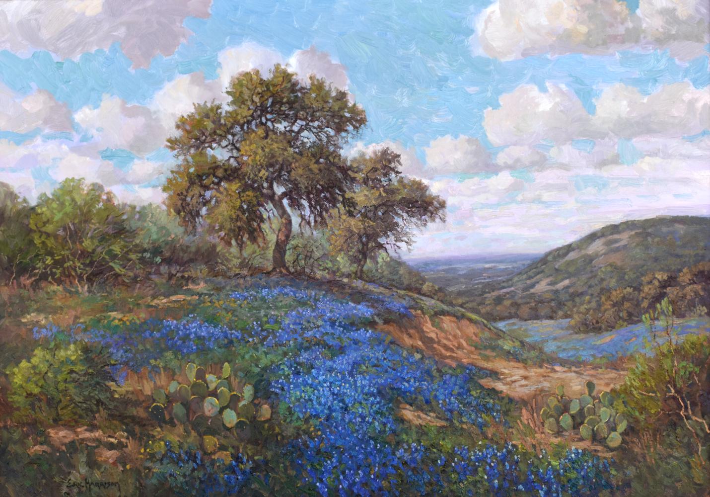 Landscape Painting Eric Harrison - "CERULEAN SPRING" BLUEBONNETS ERIC HARRISON, TEXAS HILL COUNTRY LANDSCAPE