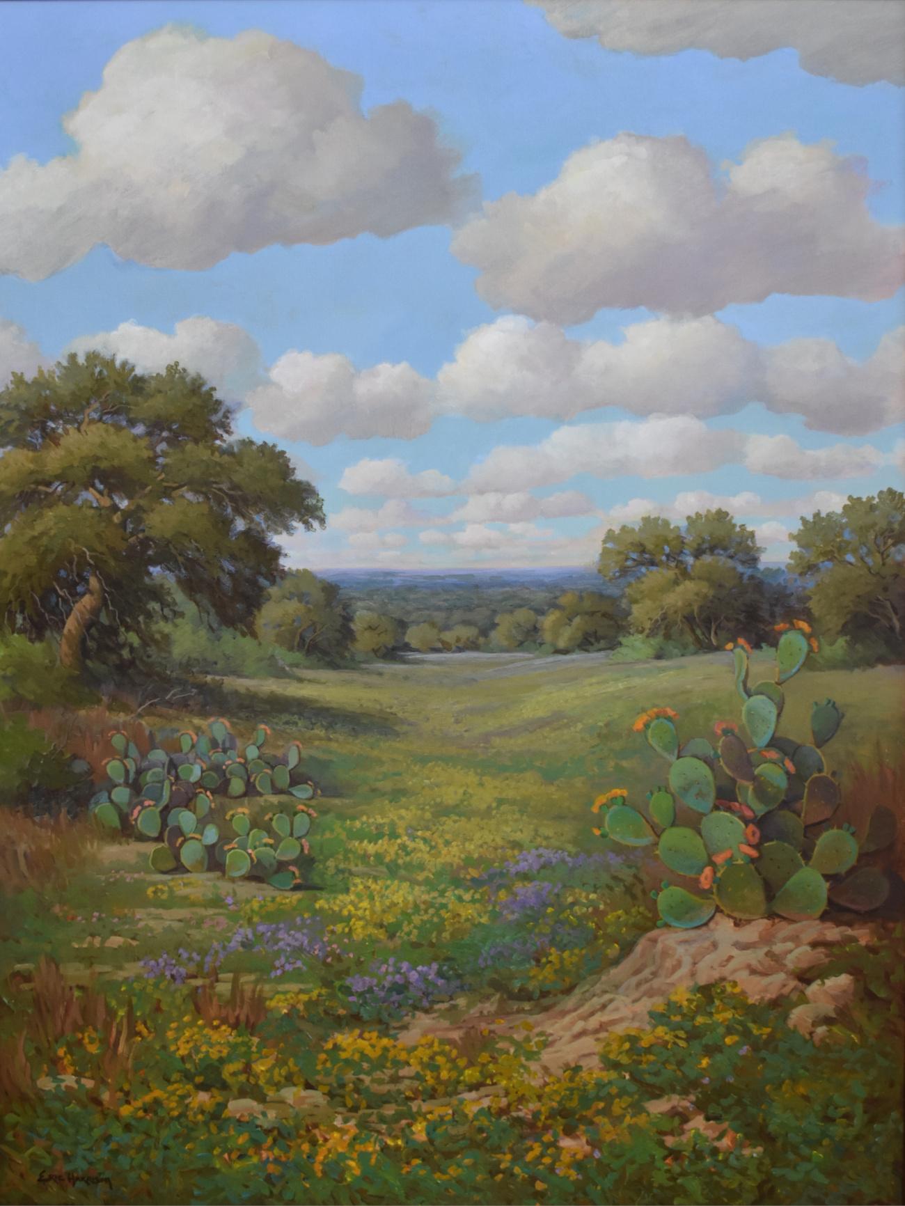  „Summer Splendor“ Texas Hill Country Prickley Birnenkactus in Blüten in Blütenblatt Wildblumen, Texas – Painting von Eric Harrison