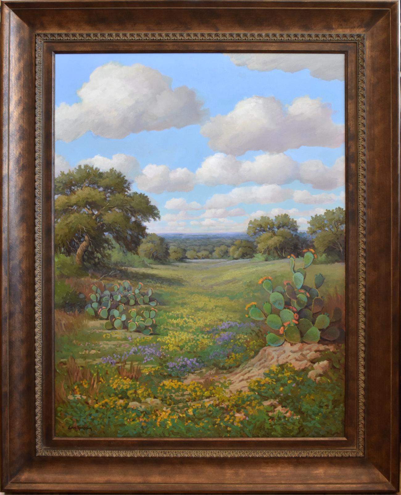 Eric Harrison Landscape Painting -  "Summer Splendor" Texas Hill Country Prickley Pear Cactus in Bloom Wildflowers