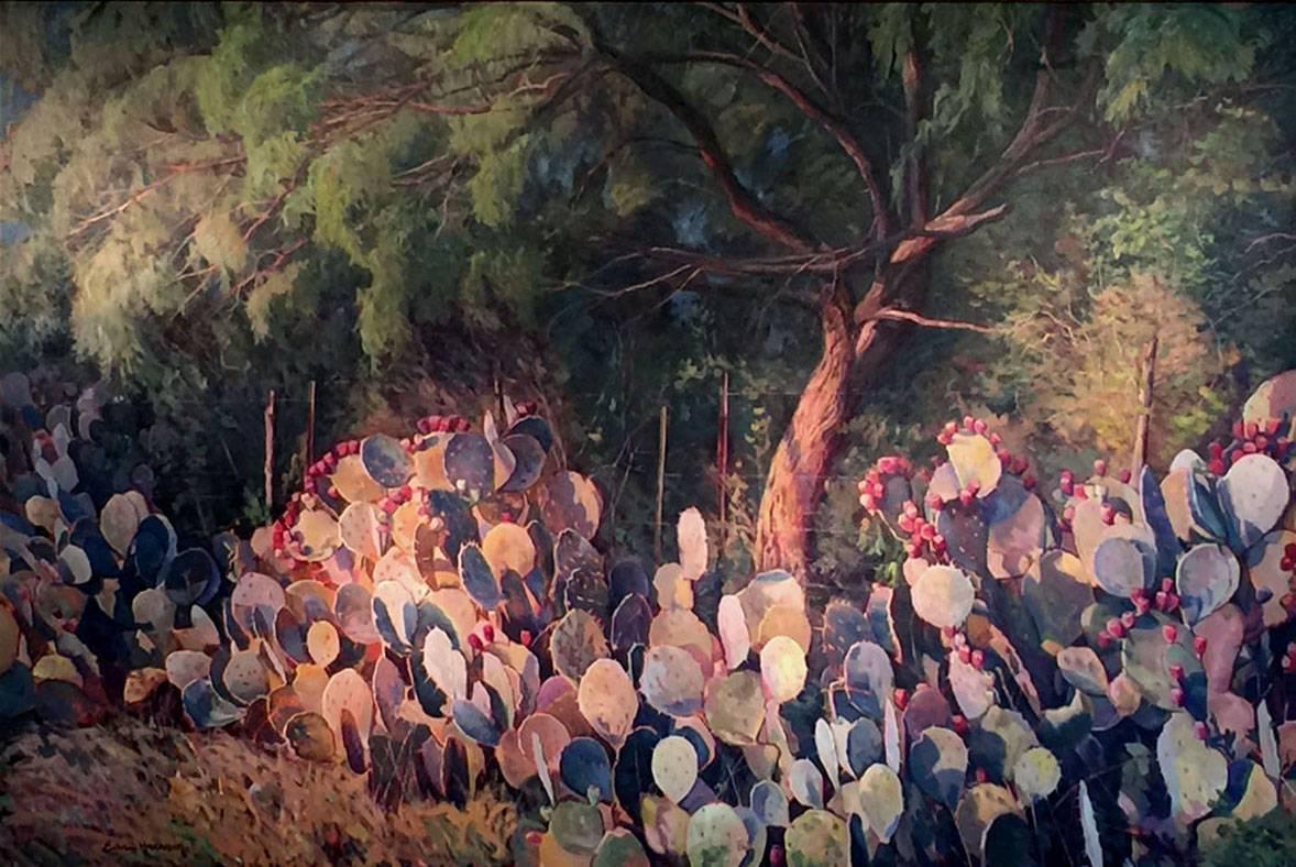 Landscape Painting Eric Harrison -  "L'appel de l'été  Grand Cactus et Mesquite texans encadrés en forme de poire, 61 x 86