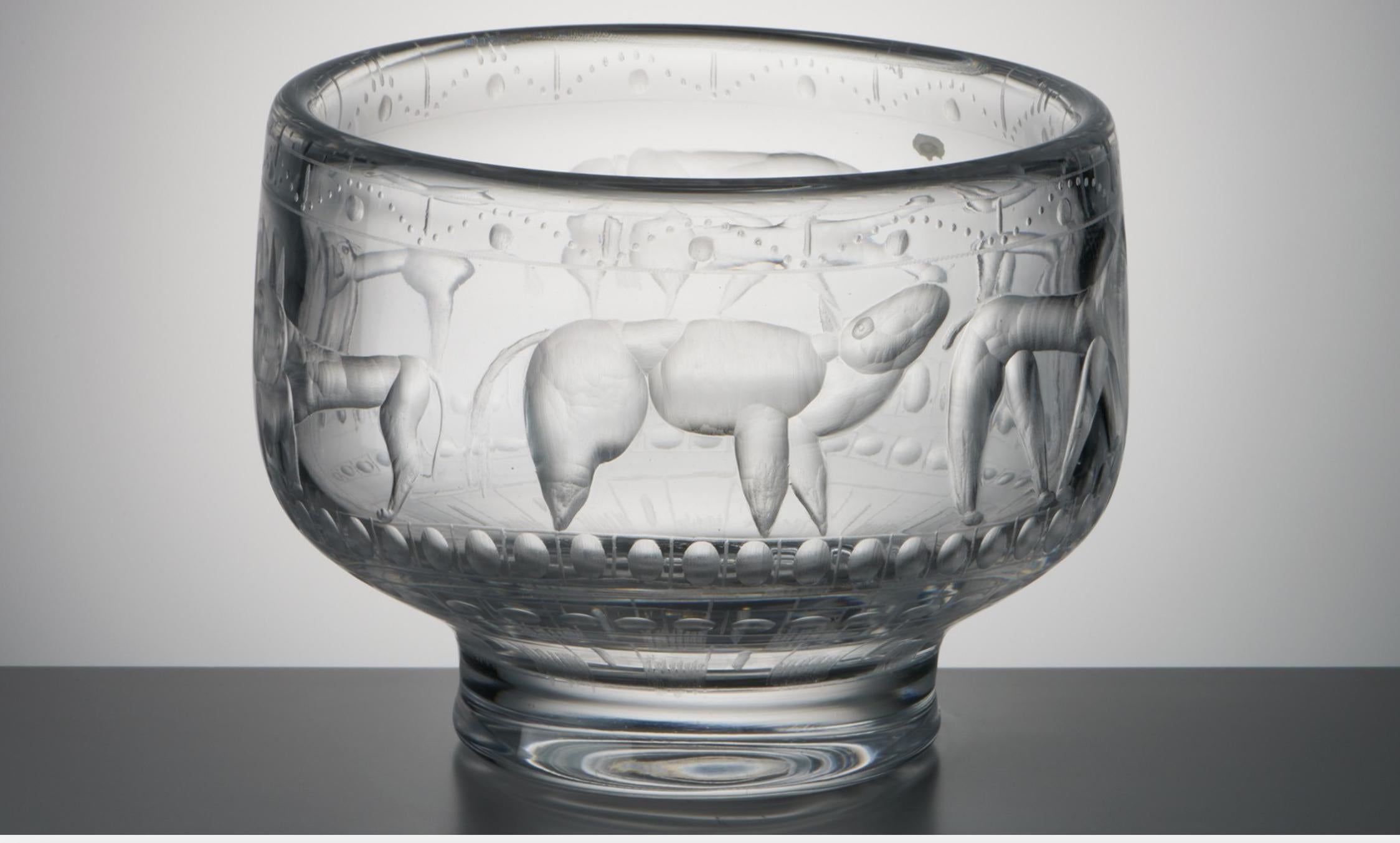 Rarely seen early Surrealist/Expressionist Erik Hoglund glass bowl depicting beastly dogs with over-emphasized musculature and dimensionality. Diamond etched 