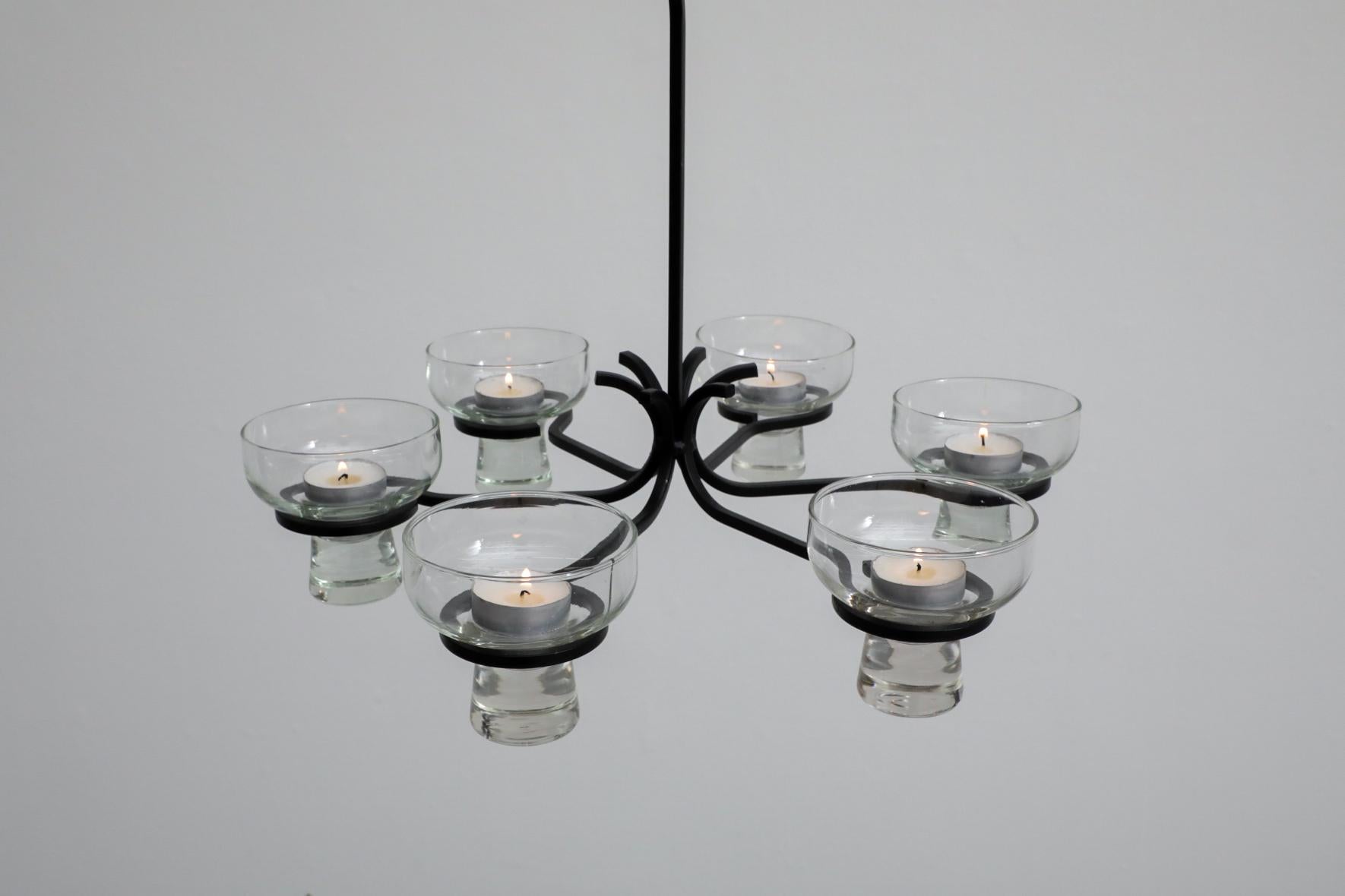 20th Century Eric Hoglund Inspired Wrought Iron Candelabra with Glass Pegged Cups For Sale