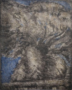 "Albero One", modern atmospheric landscape tree print, ochre, blue, black.