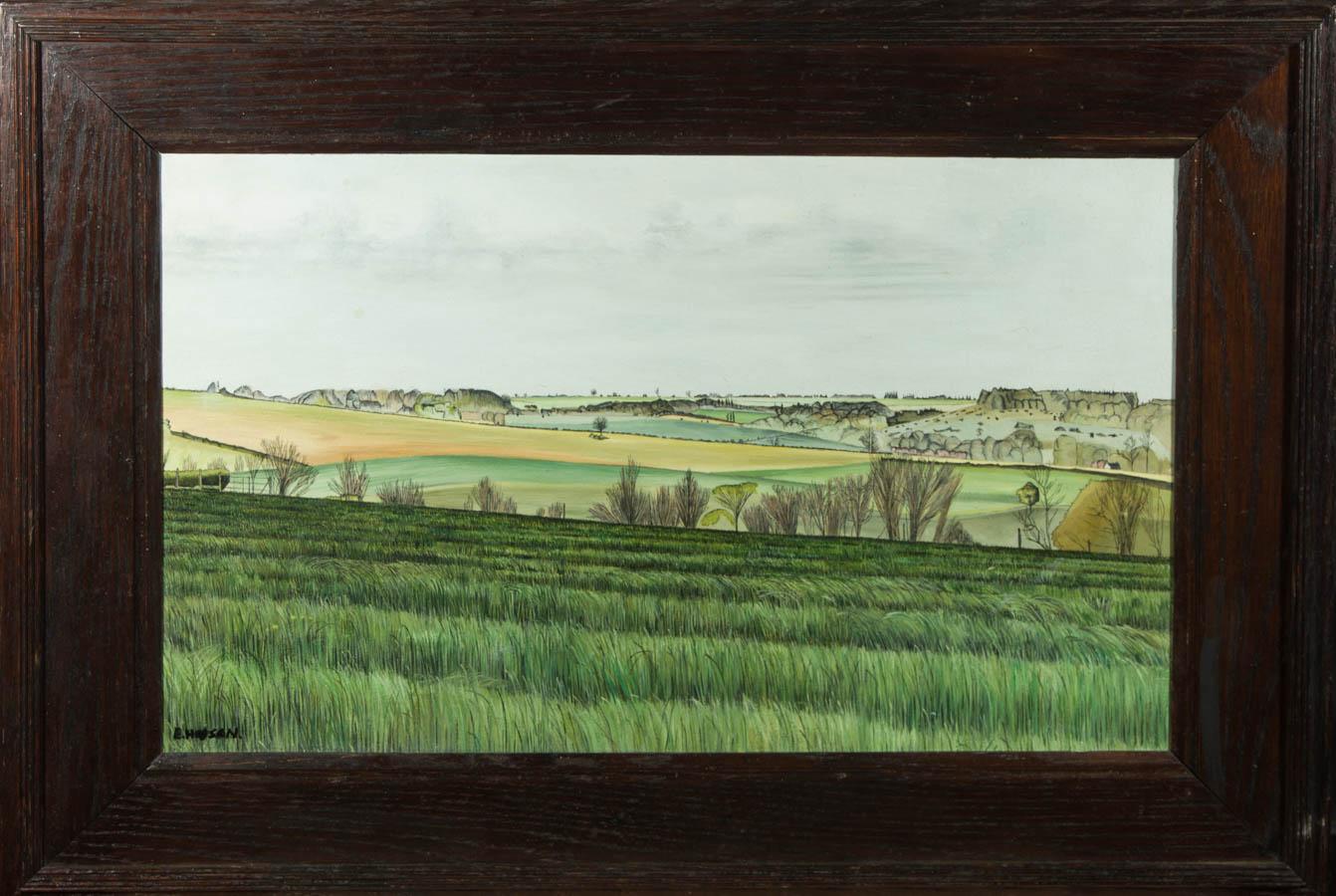 Un bel exemple du travail de l'artiste britannique Eric Huson. La scène représente un paysage anglais au début du printemps, avec ses contours typiques et ses larges étendues de terre. La finesse des coups de pinceau, les éléments stylisés et la