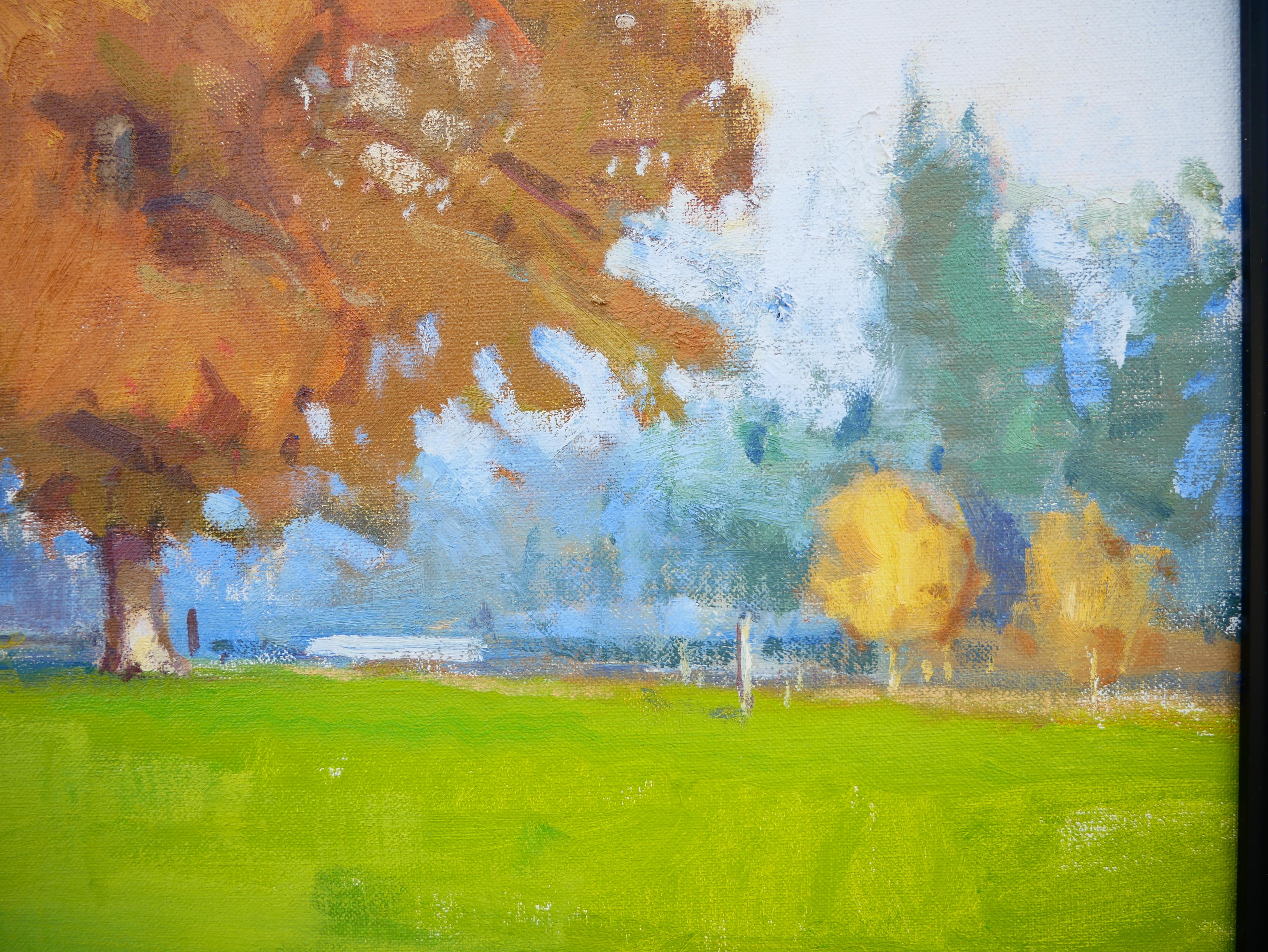 Green, orange, and blue abstract impressionist landscape by English artist Eric Jacobsen. The painting depicts huge trees in autumn situated in an empty park. Titled by the artist at the bottom left. Framed in a brown burl wood frame.

Dimensions