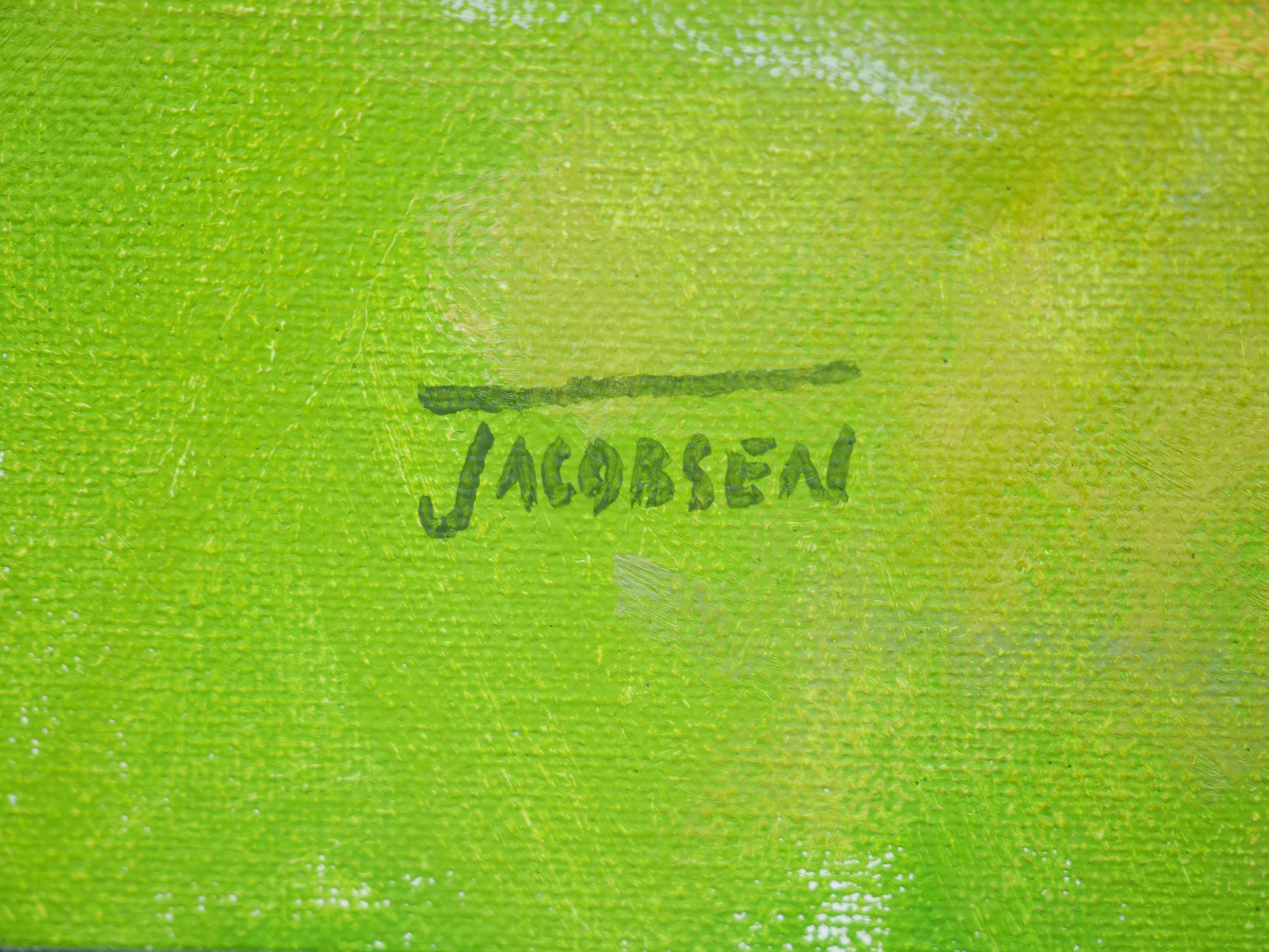 Eric Jacobsen Green, Orange, and Blue Abstract Impressionist Autumn Landscape Painting For