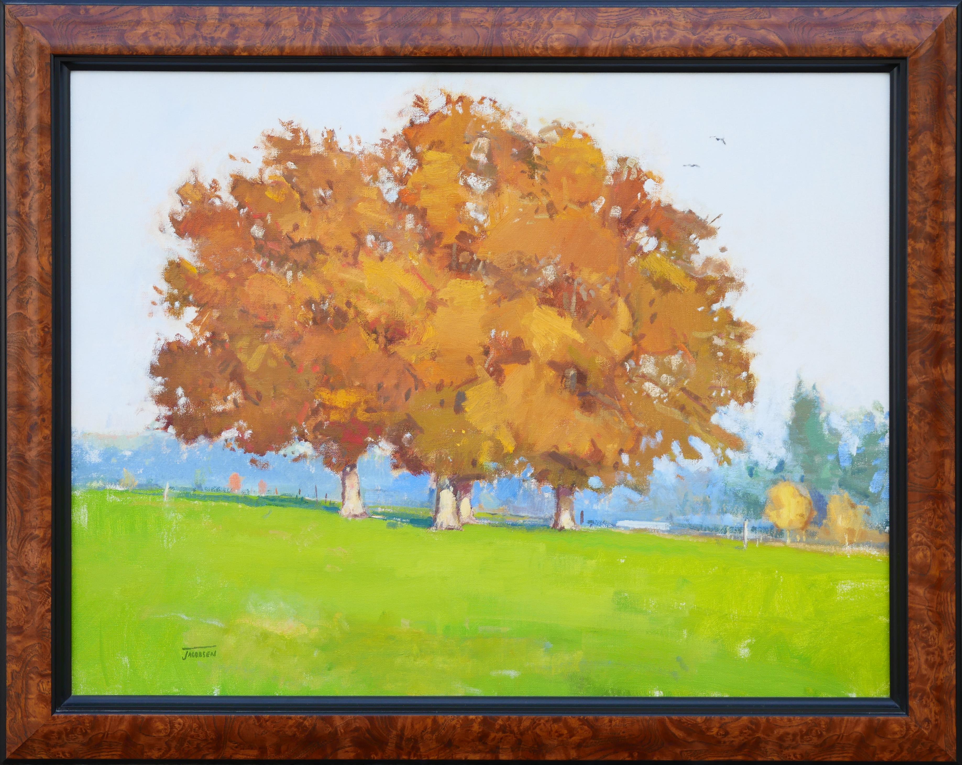 Eric Jacobsen Green, Orange, and Blue Abstract Impressionist Autumn Landscape Painting For