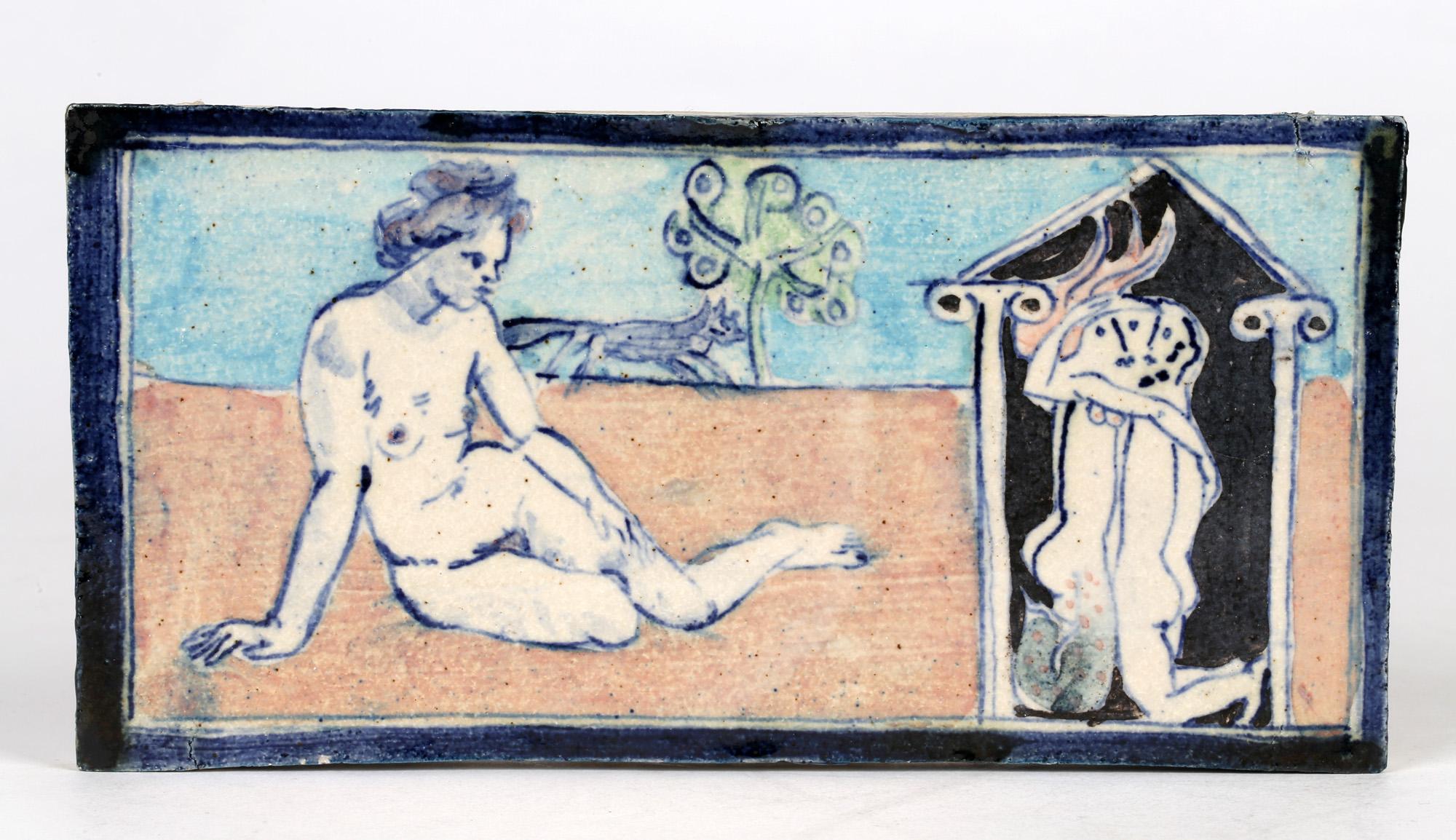 Hand-Painted Eric James Mellon Unique Studio Pottery Tile with Nudes Titled Mermaid