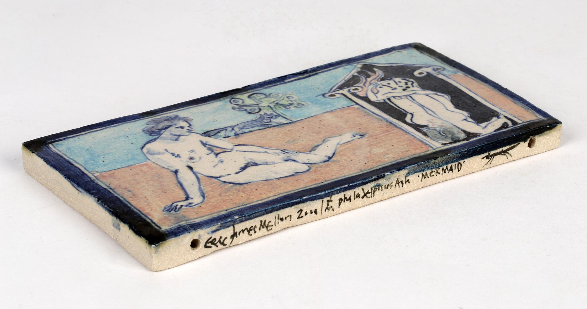 Contemporary Eric James Mellon Unique Studio Pottery Tile with Nudes Titled Mermaid