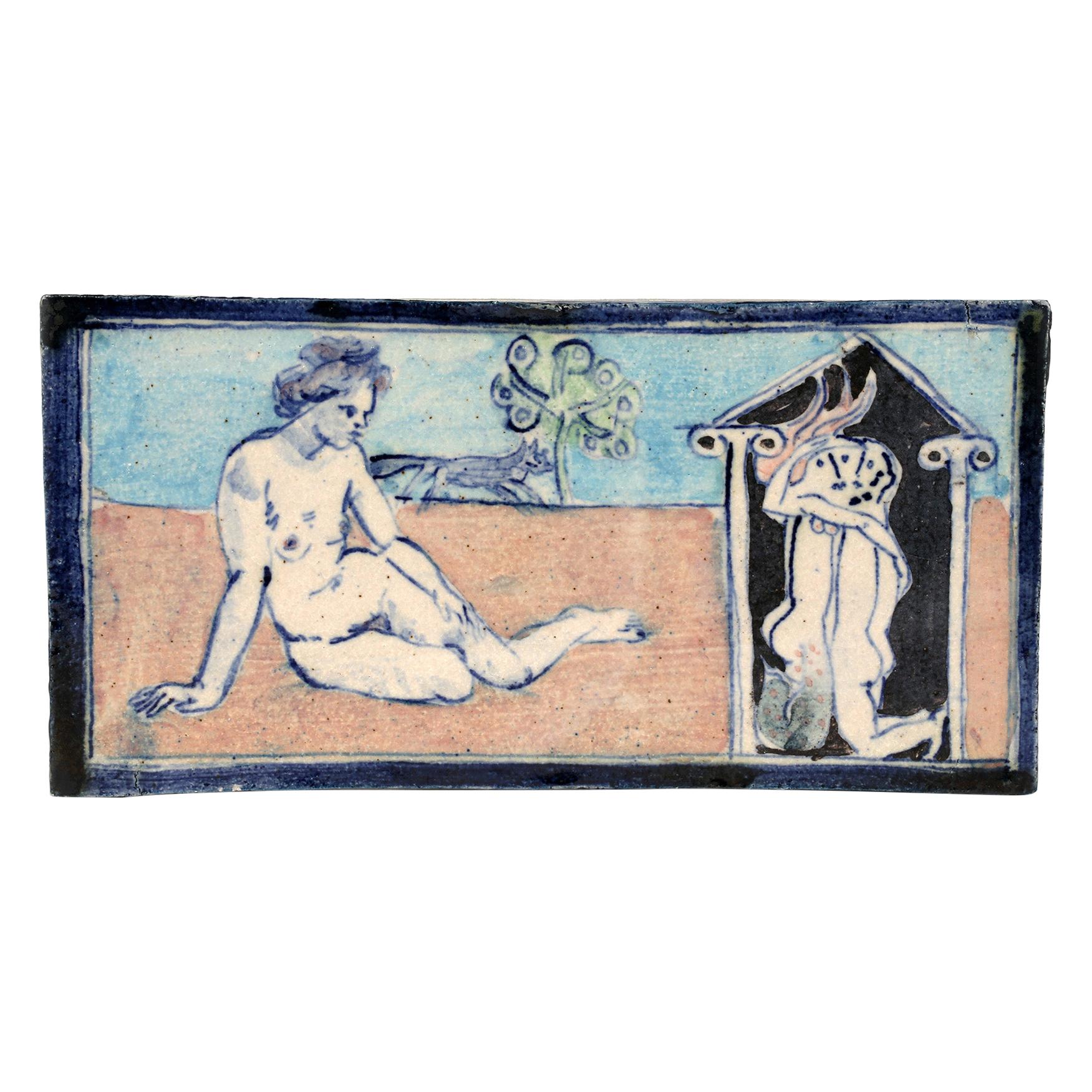 Eric James Mellon Unique Studio Pottery Tile with Nudes Titled Mermaid For Sale