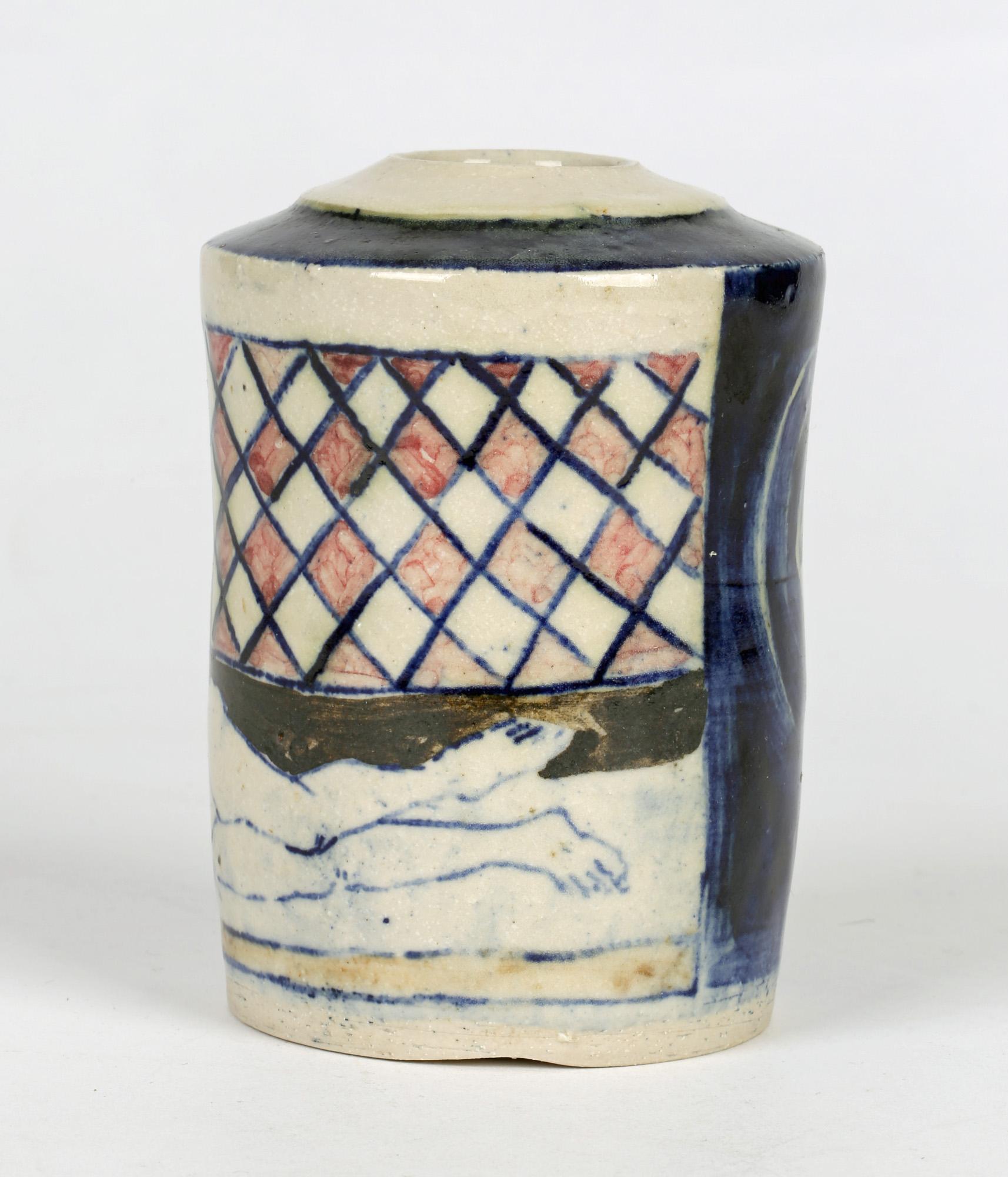 A stylish British studio pottery vase painted with nude figures by renowned potter Eric James Mellon (1925-2014) and dating from around 2000. The vase is of cylindrical shape and potted in porcelain with a slightly domed top with a narrow rounded
