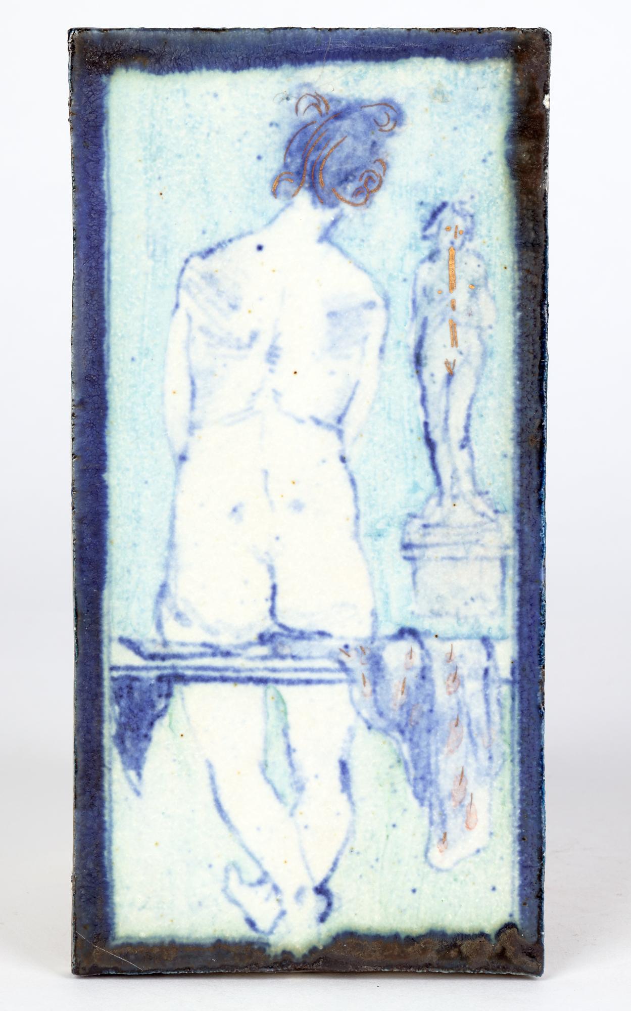 Stoneware Eric James Mellon Studio Pottery Tile Hand-Painted Titled Maiden with a Statue