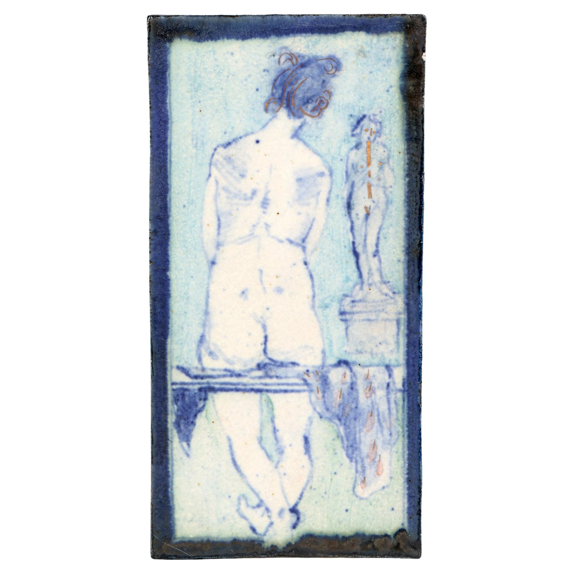 Eric James Mellon Studio Pottery Tile Hand-Painted Titled Maiden with a Statue