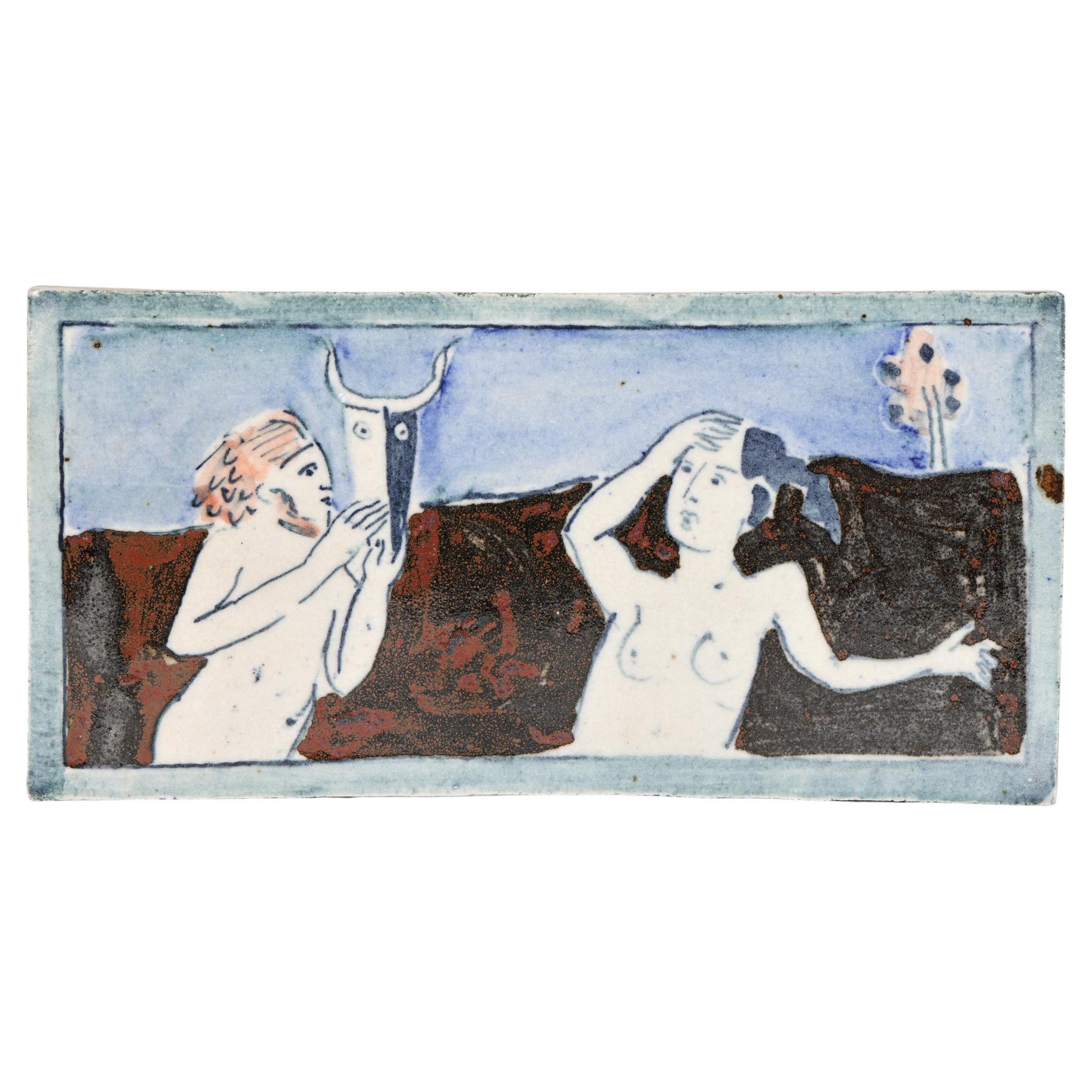 Eric James Mellon Studio Pottery Tile with Nudes Titled Europa & The Bull
