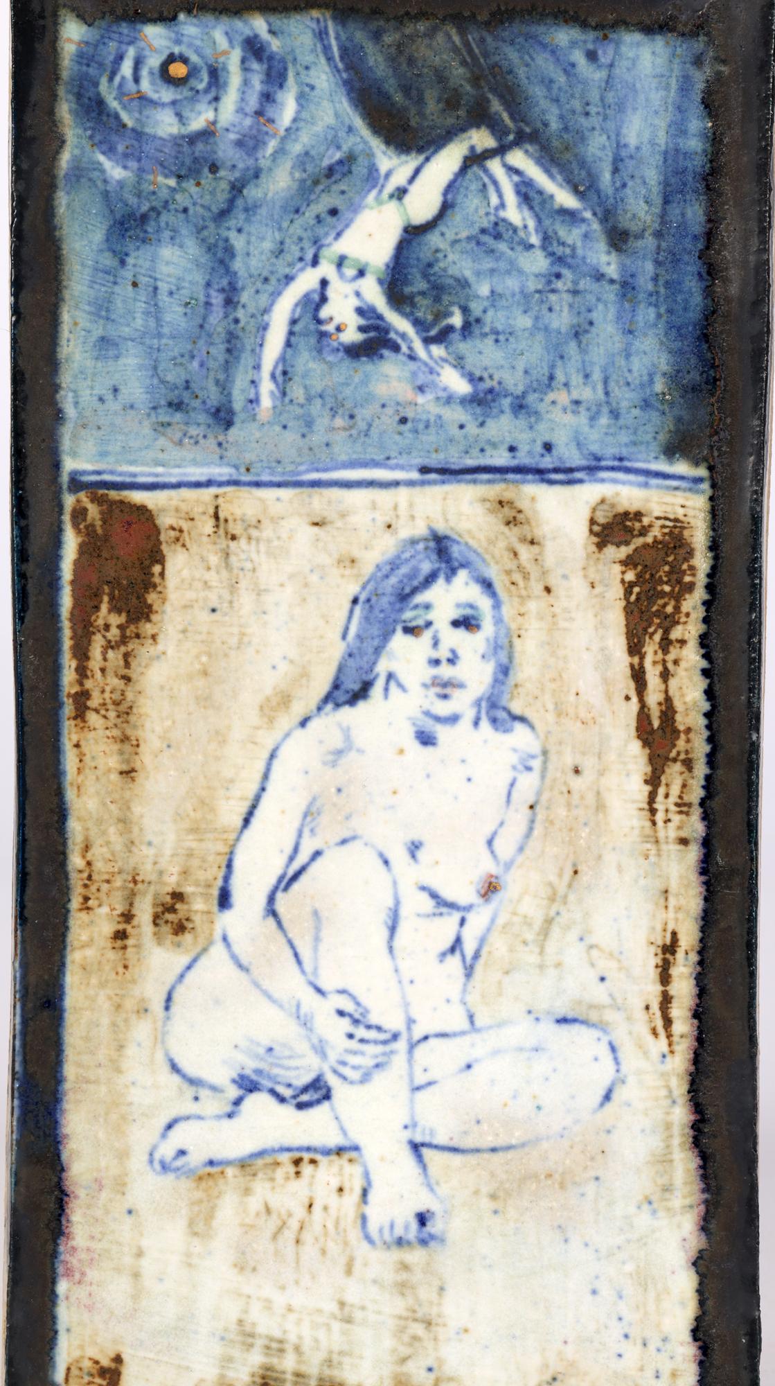 A very fine and unique, fresh to market, stoneware studio pottery tile shaped panel hand painted with a seated nude and with a female trapeze performer titled Circus:Trapeze by renowned ceramic artist Eric James Mellon (British, 1925-2014) and dated