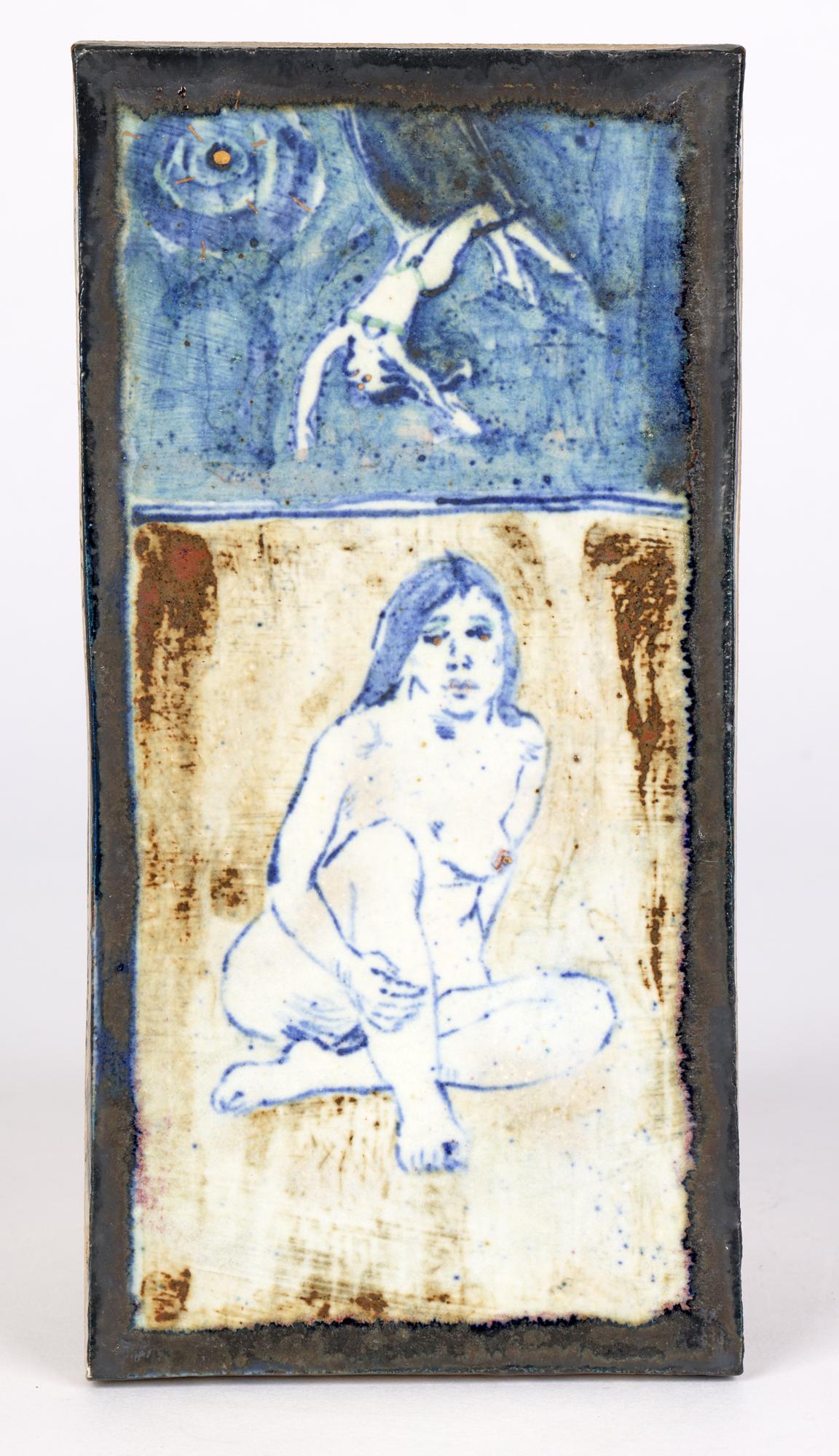 Modern Eric James Mellon Studio Pottery Tile with Nude Titled Circus Trapeze