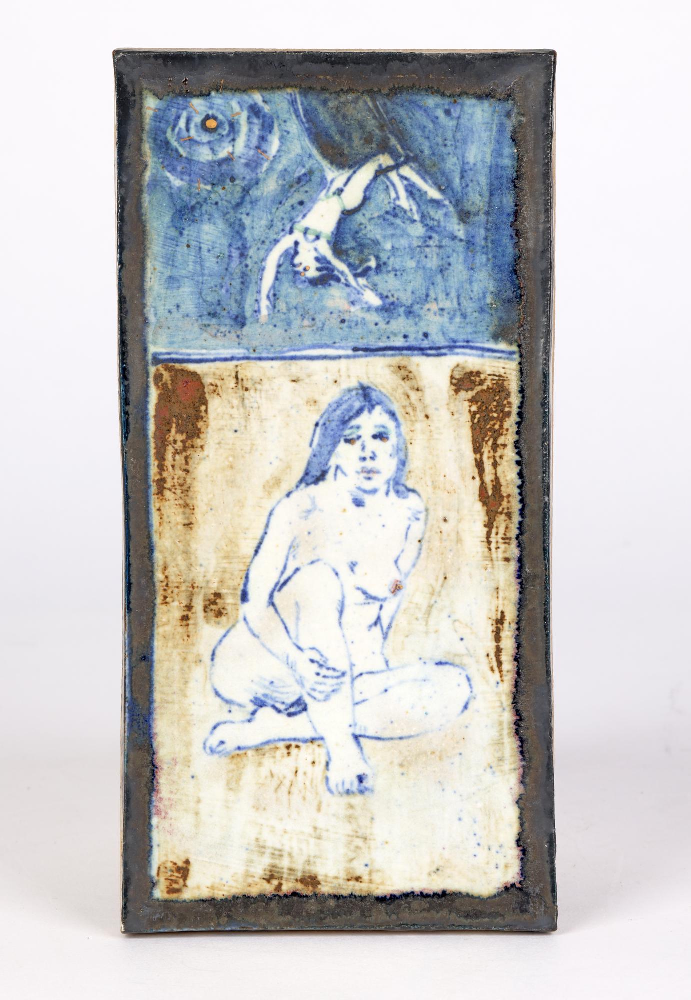 Late 20th Century Eric James Mellon Studio Pottery Tile with Nude Titled Circus Trapeze