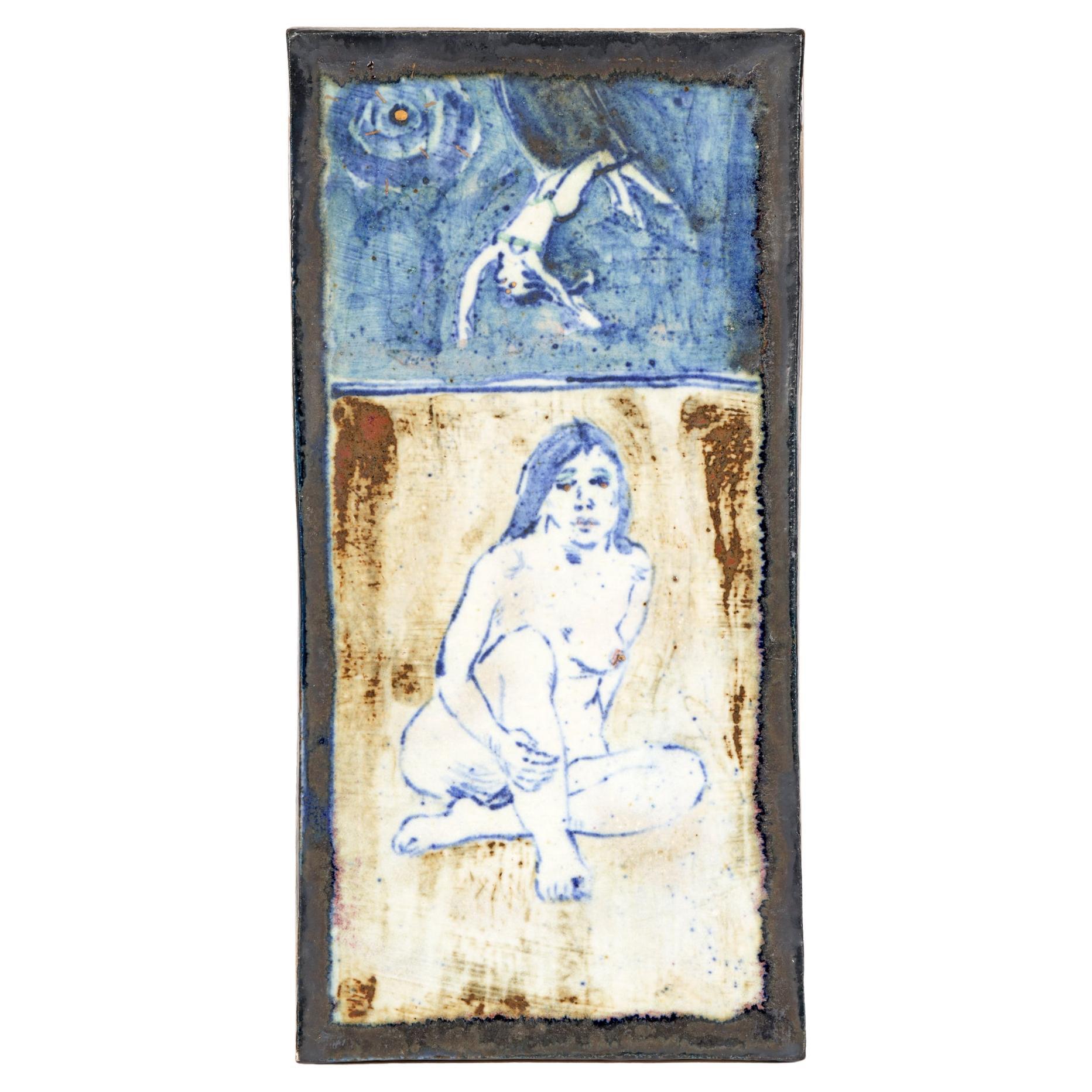 Eric James Mellon Studio Pottery Tile with Nude Titled Circus Trapeze