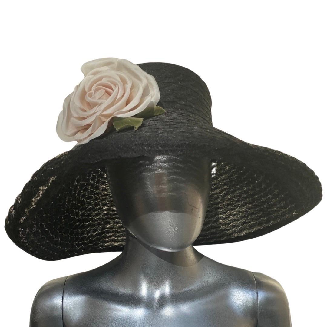 Eric Javits Black Woven “Breakfast at Tiffany’s” Glamour Hat with Rose For Sale 3