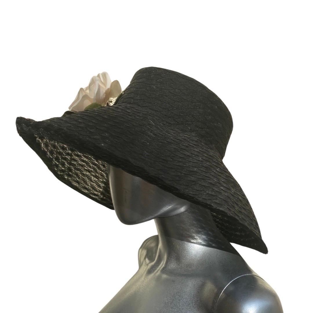 Eric Javits Black Woven “Breakfast at Tiffany’s” Glamour Hat with Rose For Sale 4