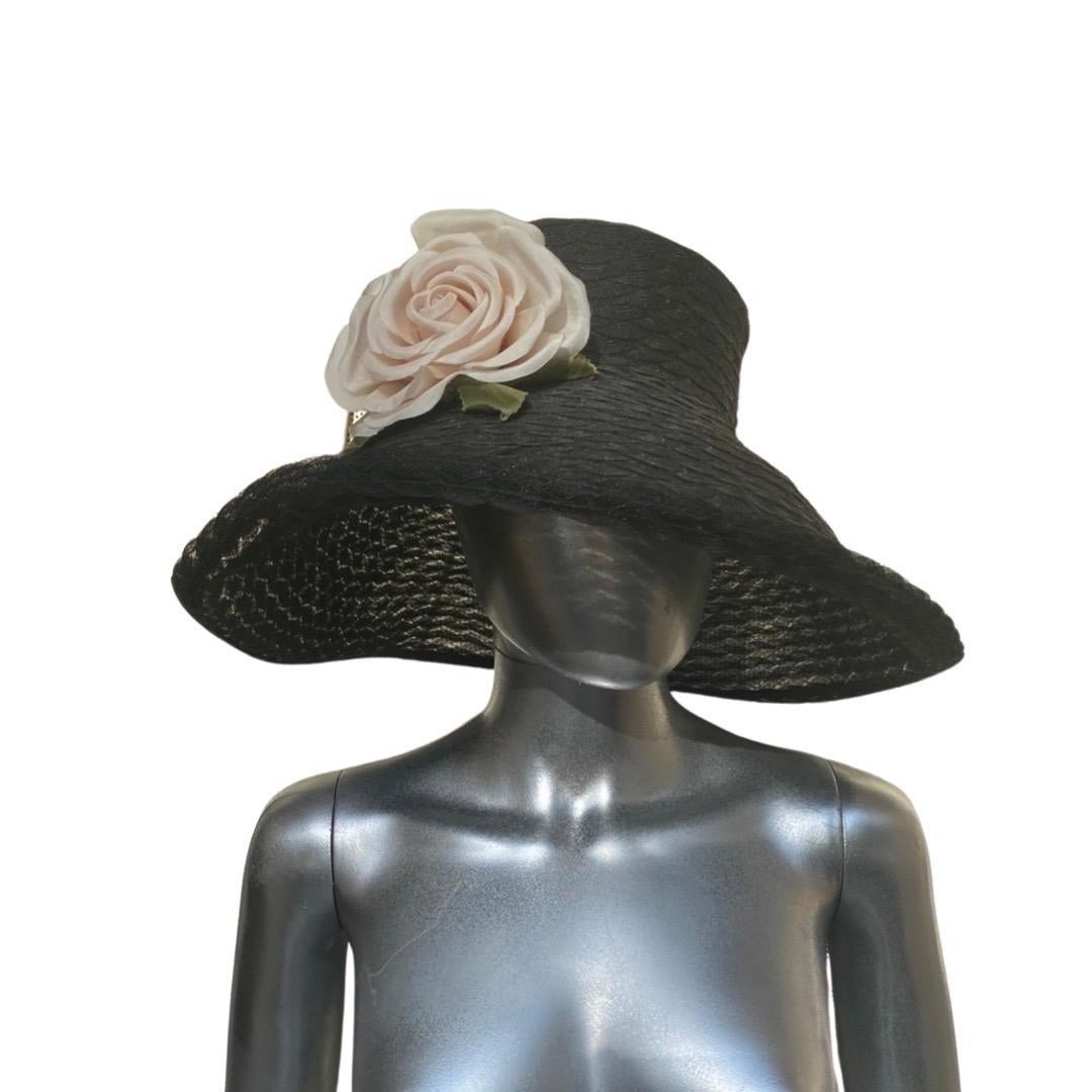Women's Eric Javits Black Woven “Breakfast at Tiffany’s” Glamour Hat with Rose For Sale