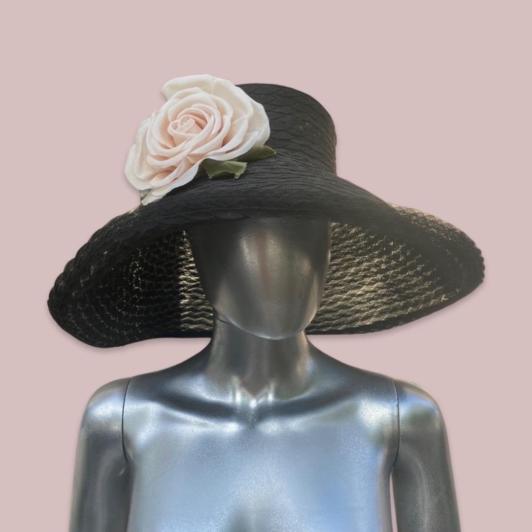 Eric Javits Black Woven “Breakfast at Tiffany’s” Glamour Hat with Rose For Sale 1