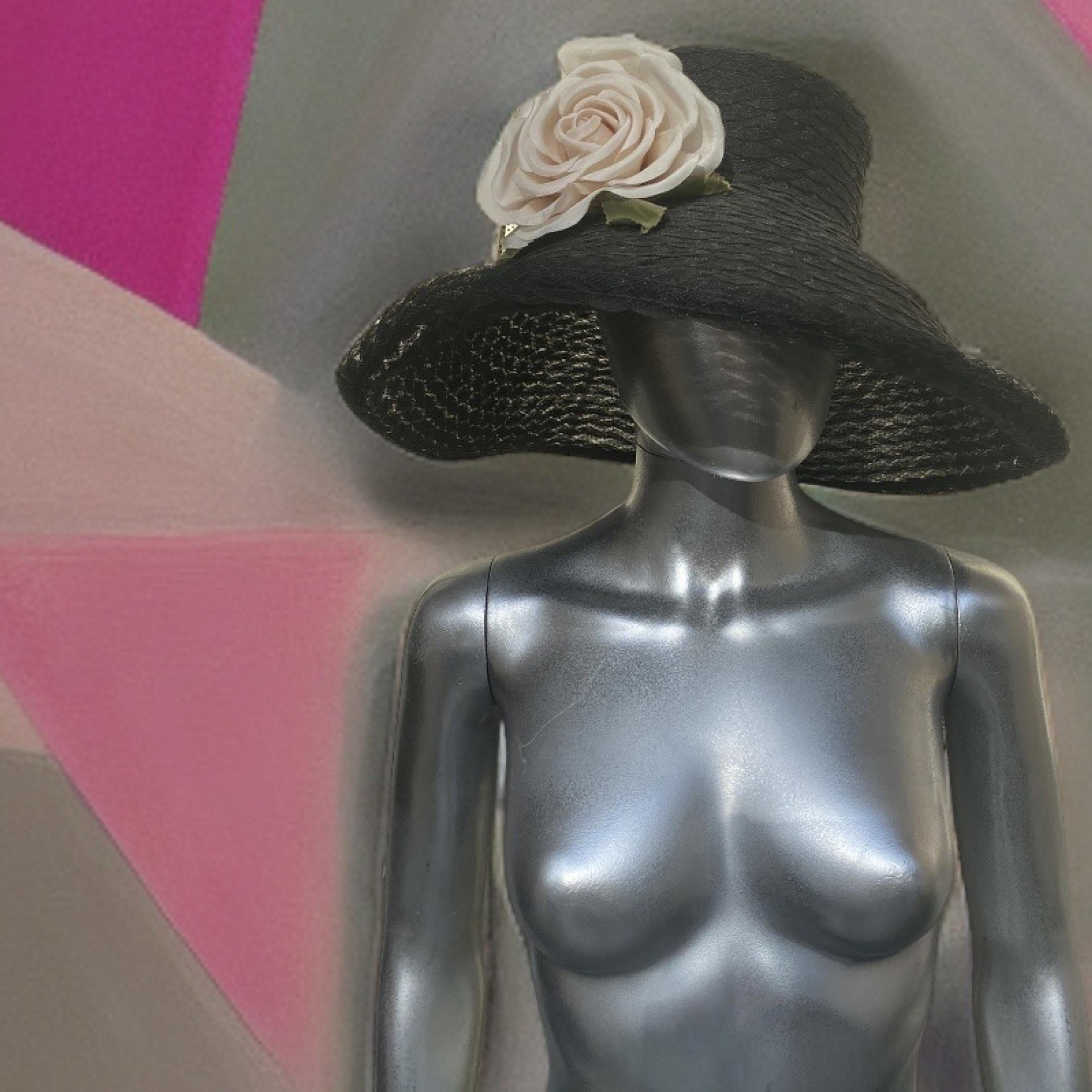 Eric Javits Black Woven “Breakfast at Tiffany’s” Glamour Hat with Rose For Sale 2
