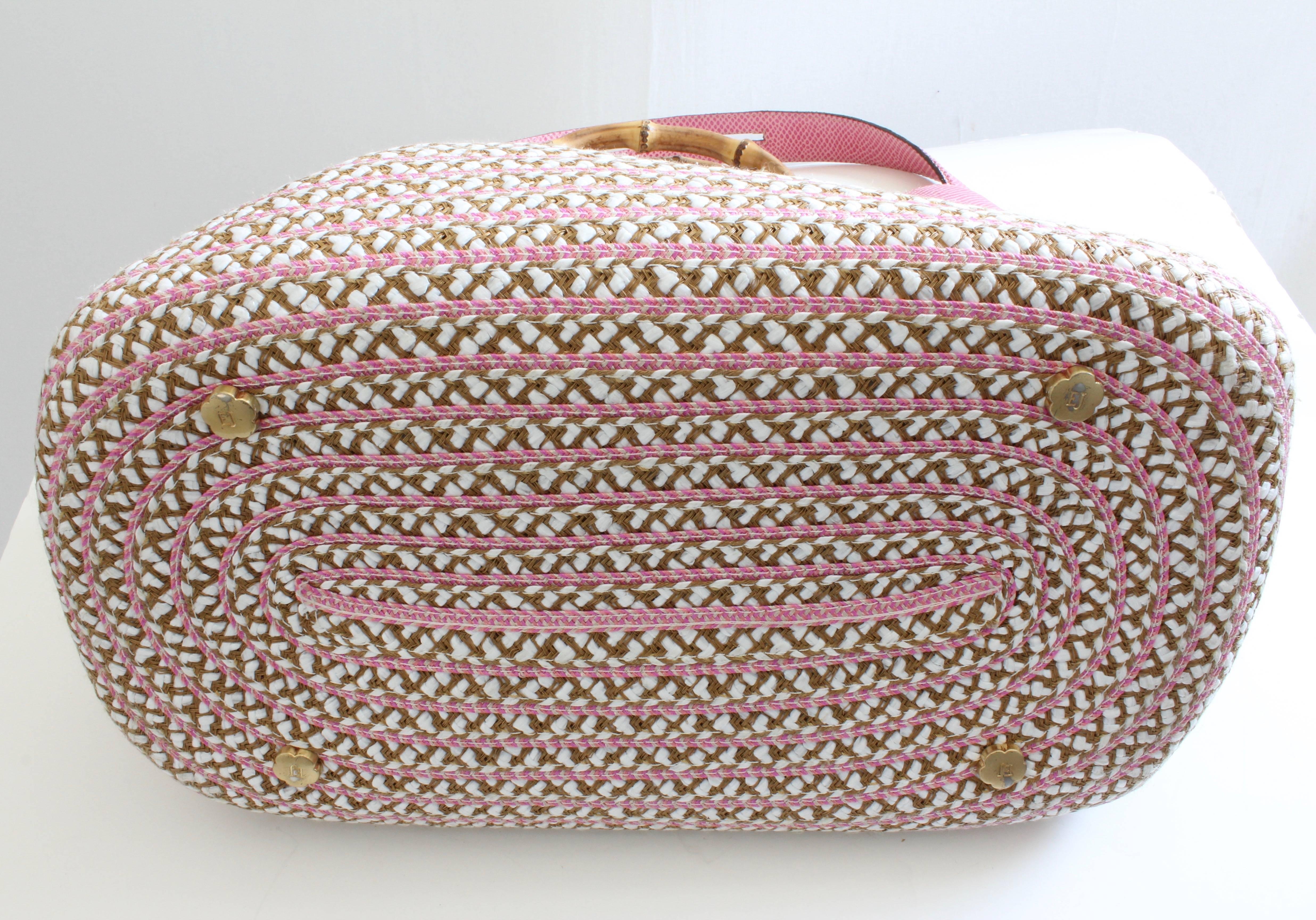 Brown Eric Javits Pink Analu Squishee Tote Bag with Shoulder Strap Bamboo Handles 