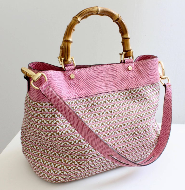 tote bag straps for sale Eric Javits Pink Analu Squishee Tote Bag with Shoulder Strap Bamboo Handles For Sale at 1stdibs