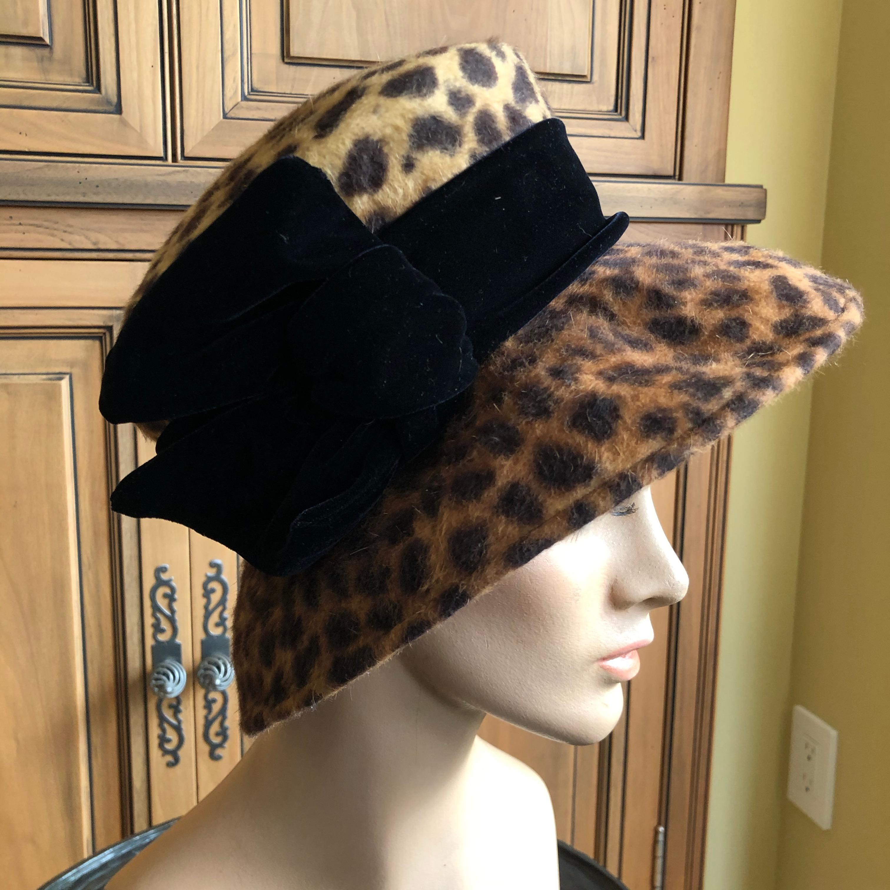Women's or Men's Eric Javits Plush Leopard Print Velvet Hat With Black Velvet Band