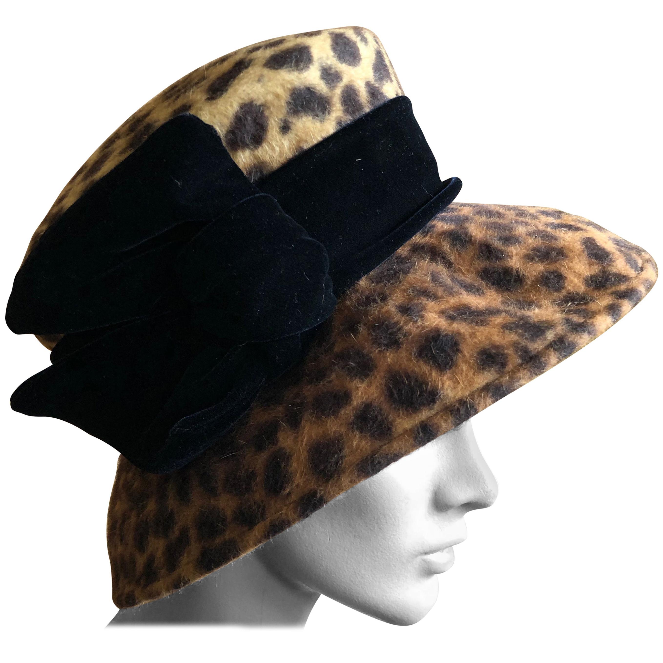Eric Javits Plush Leopard Print Velvet Hat With Black Velvet Band