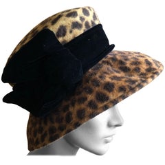 Vintage Eric Javits Plush Leopard Print Velvet Hat With Black Velvet Band