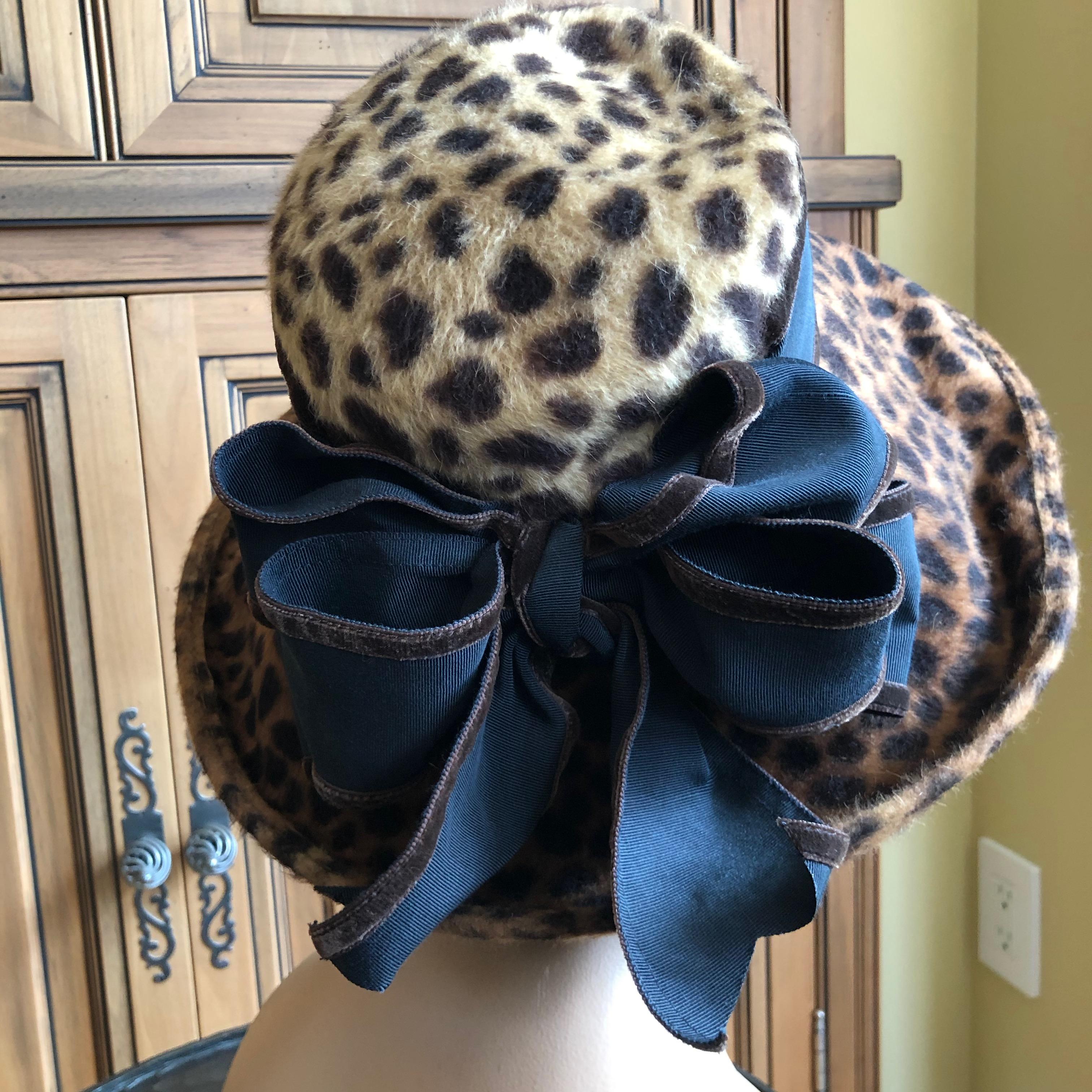 Black Eric Javits Plush Leopard Print Velvet Wide Brim Hat