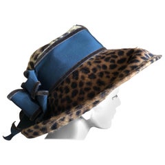 Vintage Eric Javits Plush Leopard Print Velvet Wide Brim Hat