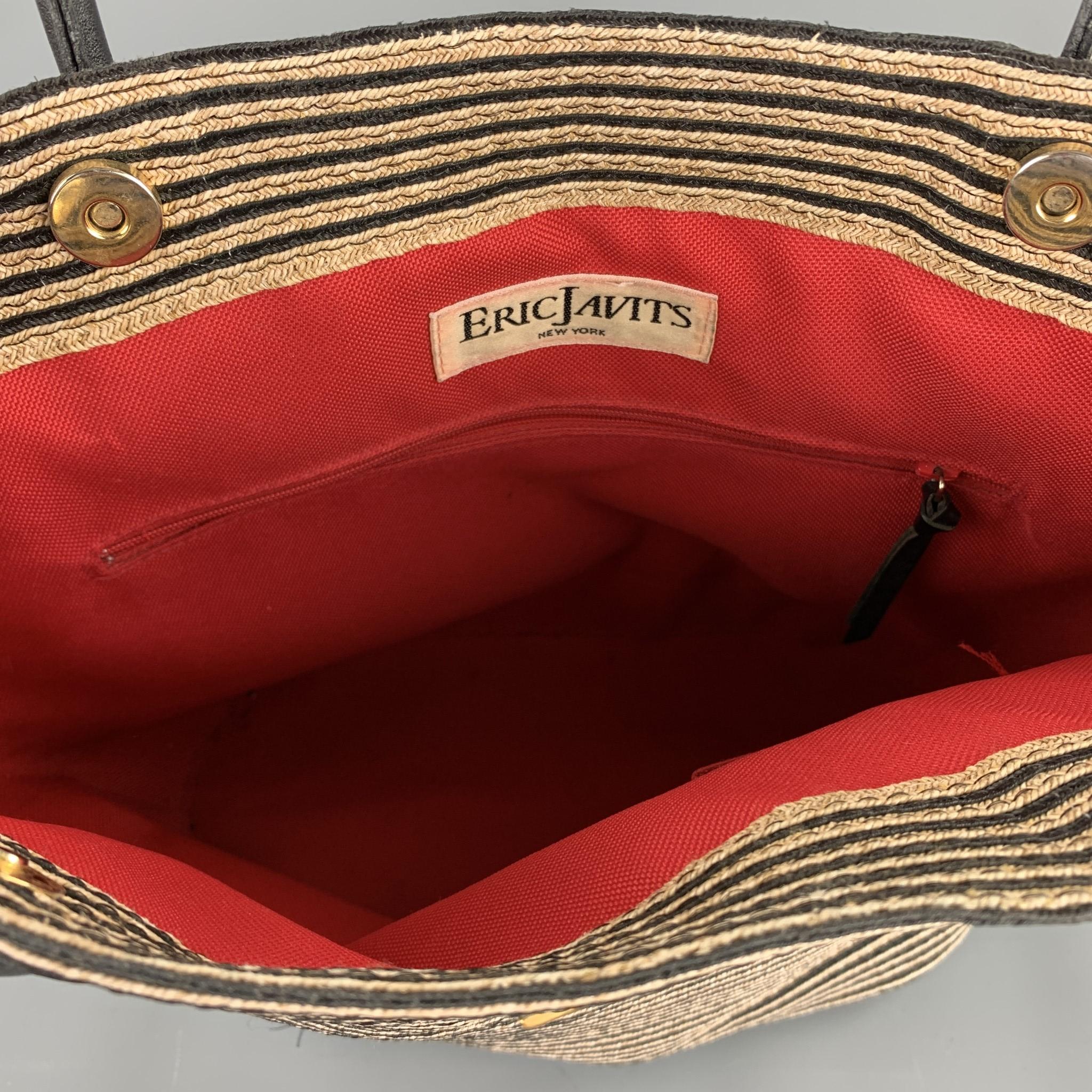 ERIC JAVITS Stripe Beige Straw Leather Tote Handbag In Good Condition In San Francisco, CA